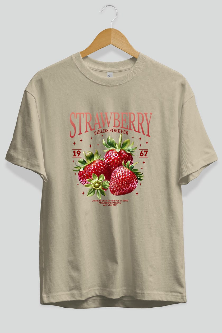 Strawberry Ön Baskılı Oversize t-shirt Erkek Kadın Pamuk Bisiklet Yaka tişort