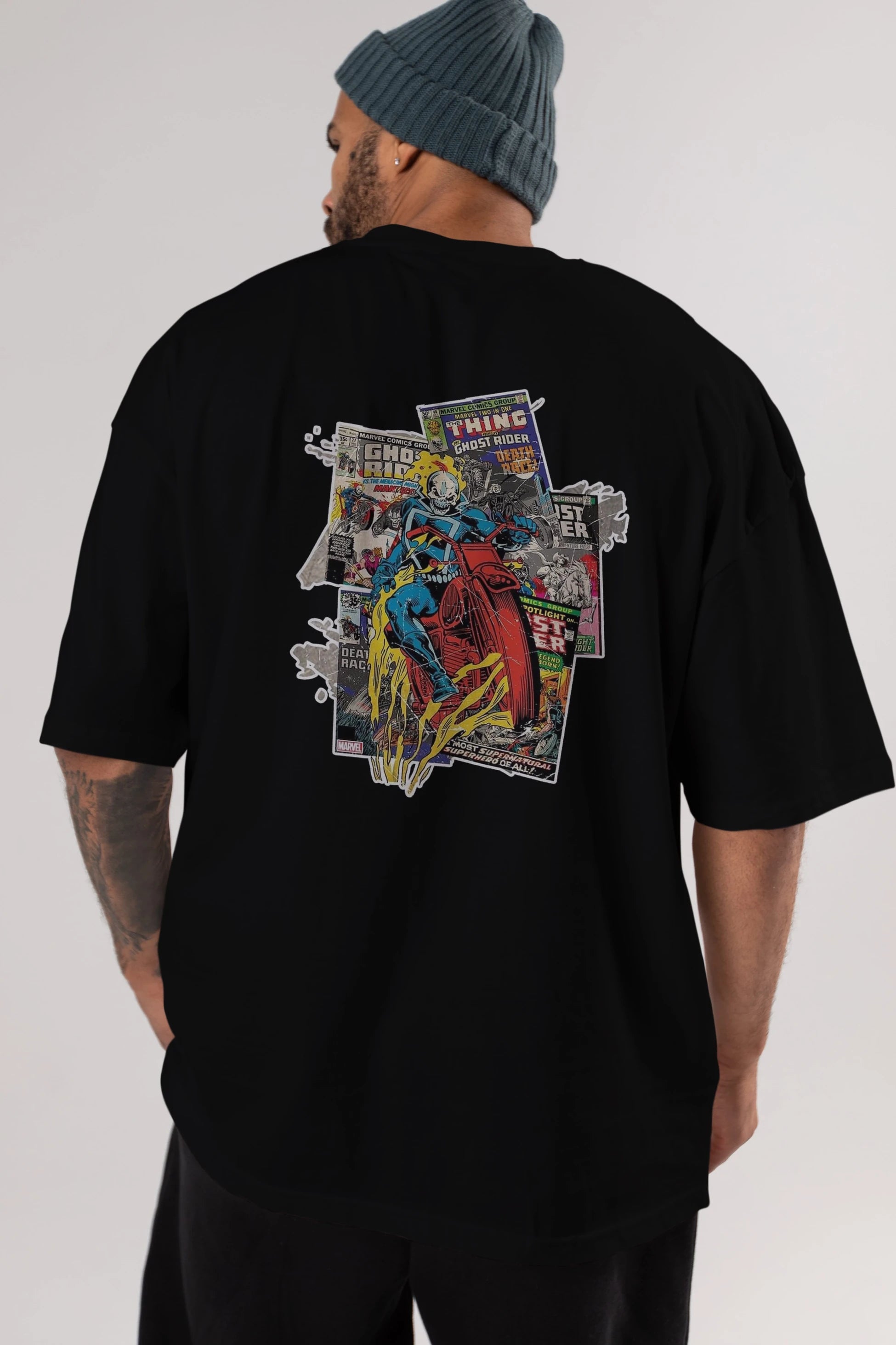 Ghost Rider Arka Baskılı Oversize t-shirt Erkek Kadın Unisex %100 Pamuk Bisiklet Yaka tişort
