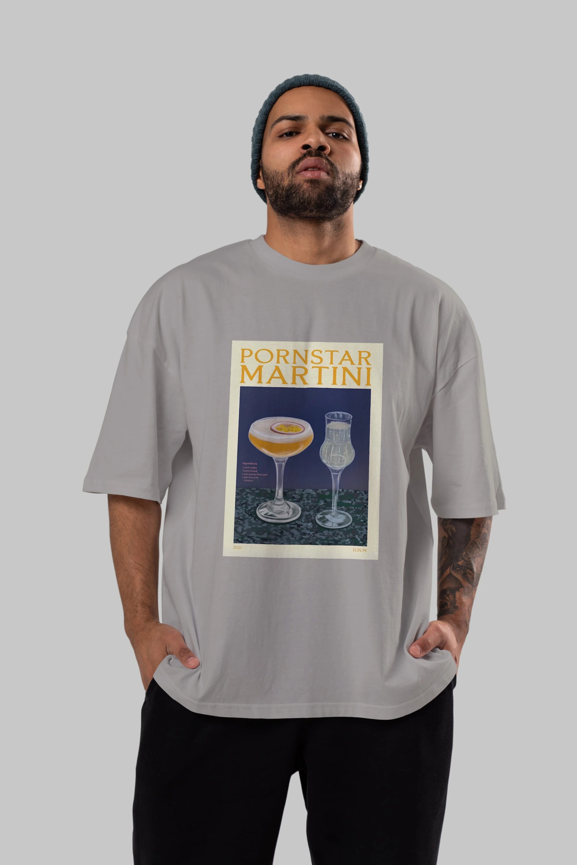 P.rnstar Martini Ön Baskılı Oversize t-shirt Erkek Kadın Unisex %100 Pamuk Bisiklet Yaka tişort