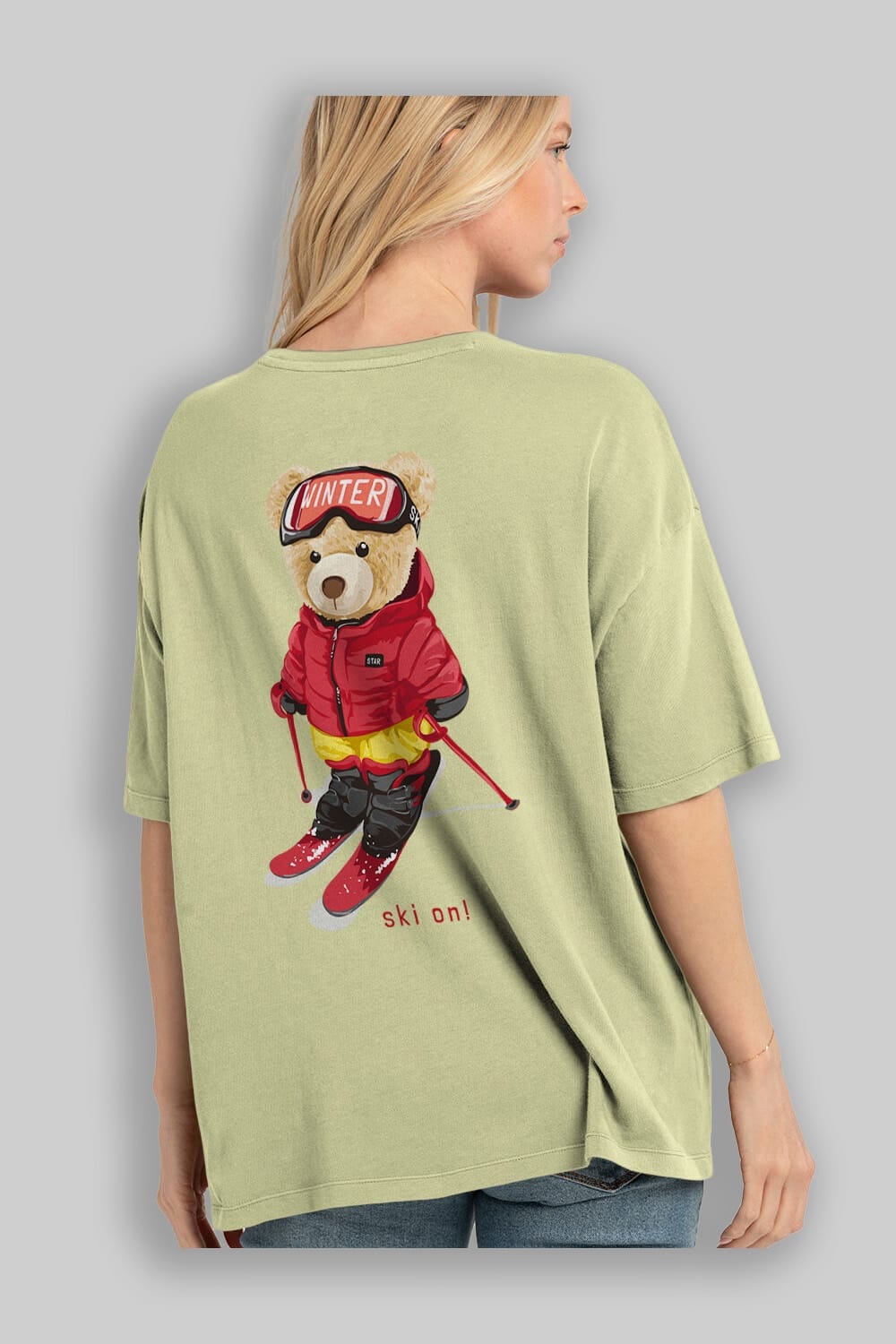 Teddy Bear Ski On Arka Baskılı Oversize t-shirt Erkek Kadın Unisex %100 Pamuk