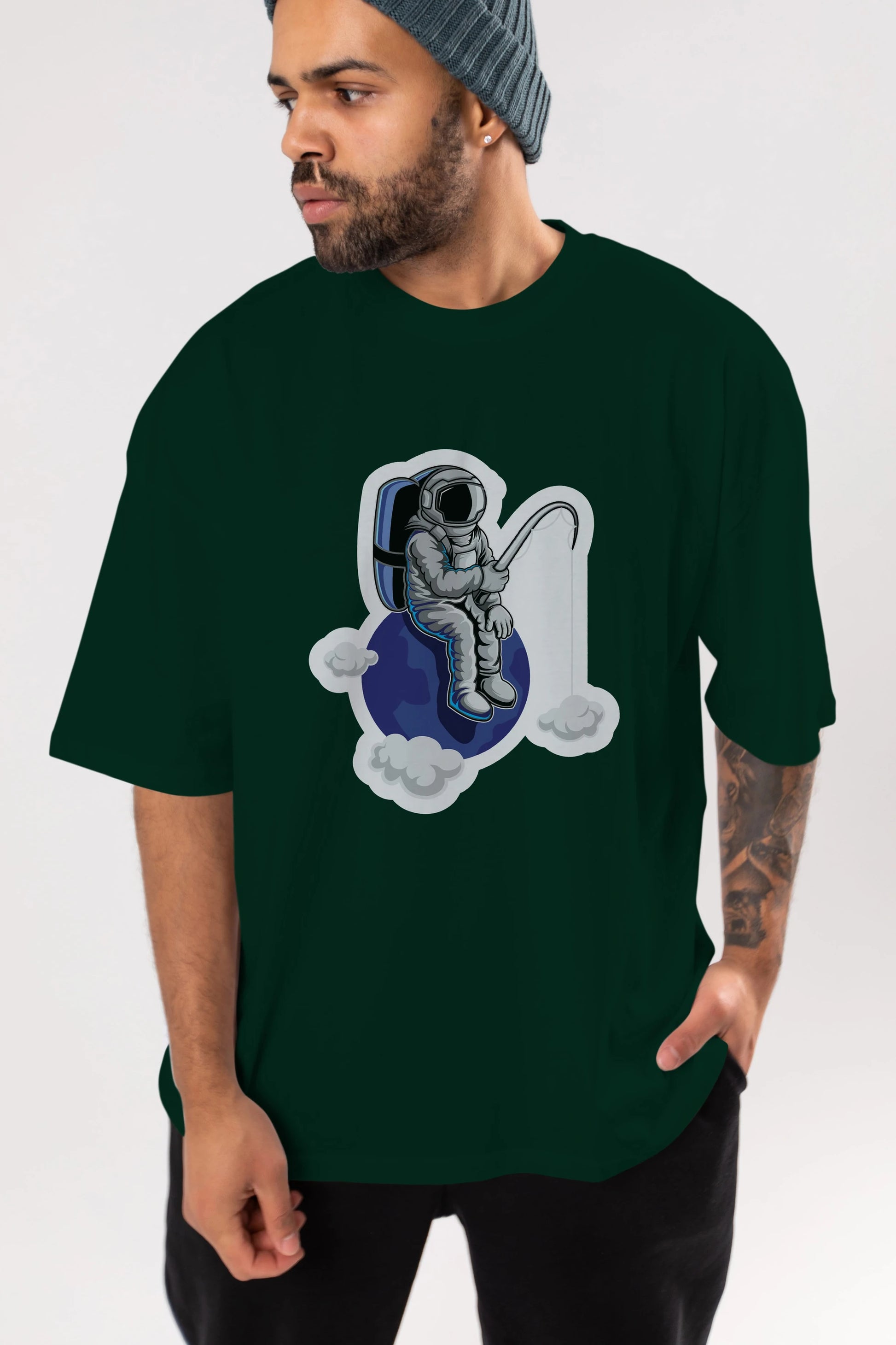 Astronaut Fishing Sticker Ön Baskılı Oversize t-shirt Erkek Kadın Unisex