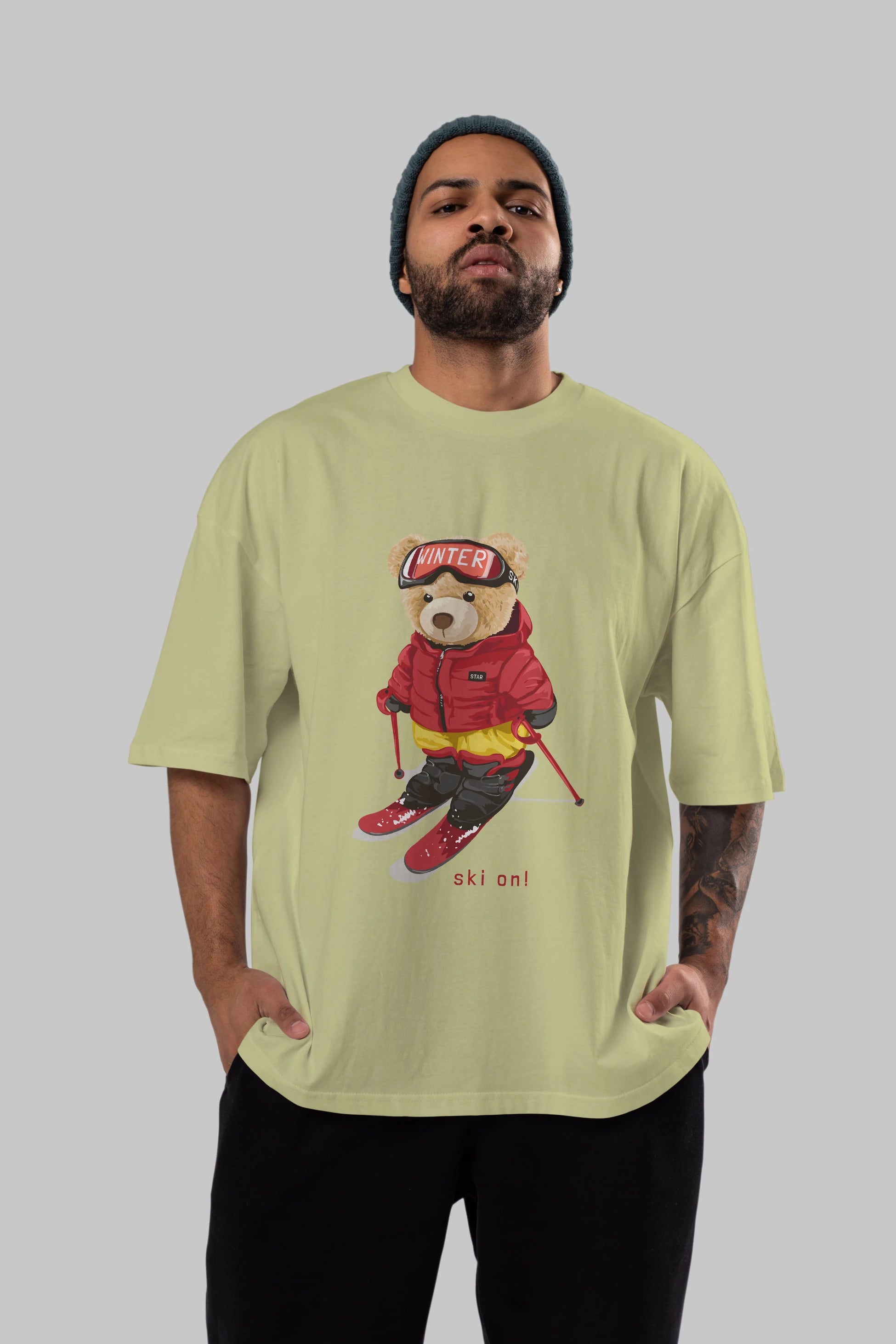 Teddy Bear Ski On Ön Baskılı Oversize t-shirt Erkek Kadın Unisex %100 Pamuk