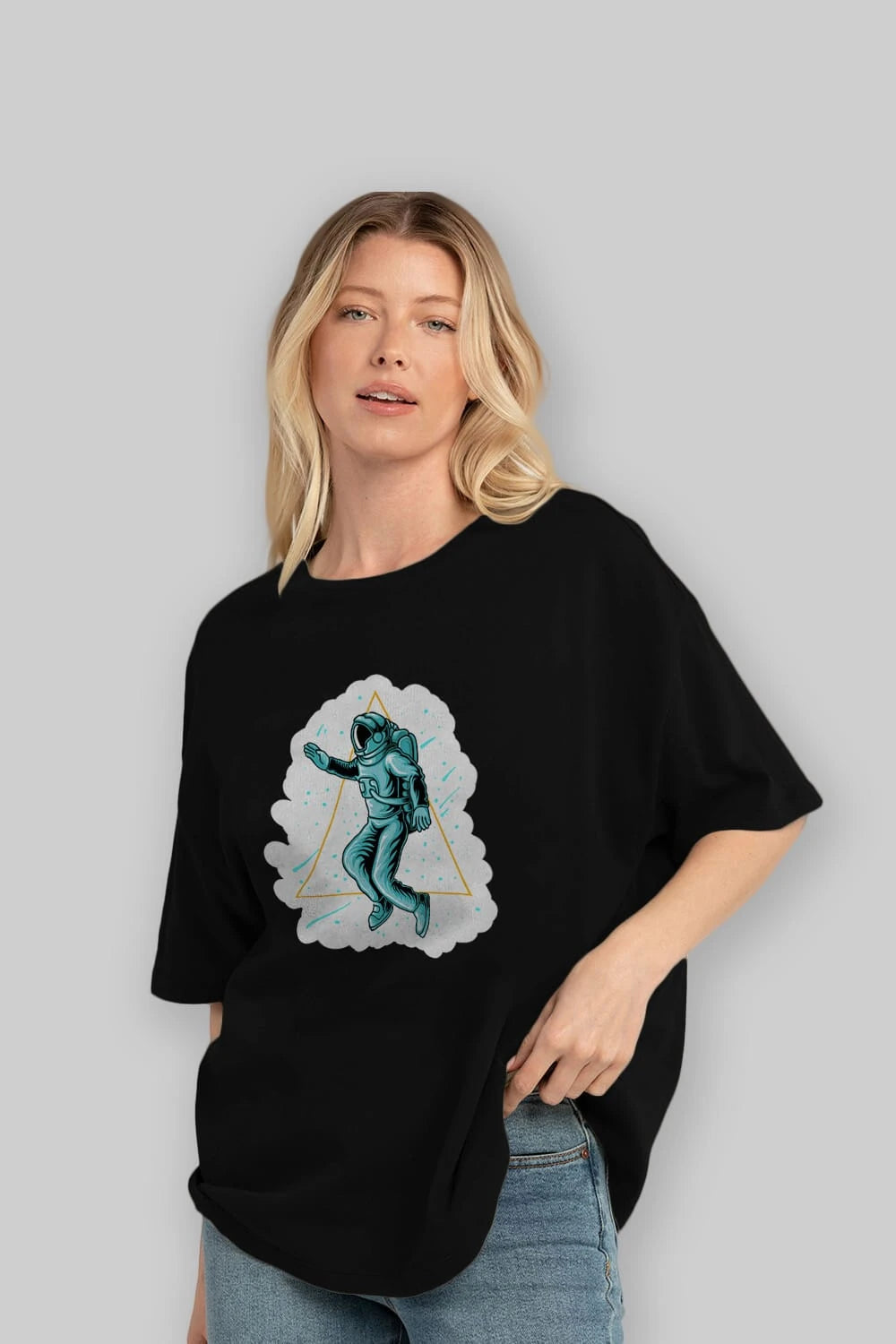 Astronaut Starry Triangle Sticker Ön Baskılı Oversize t-shirt Erkek Kadın Unisex