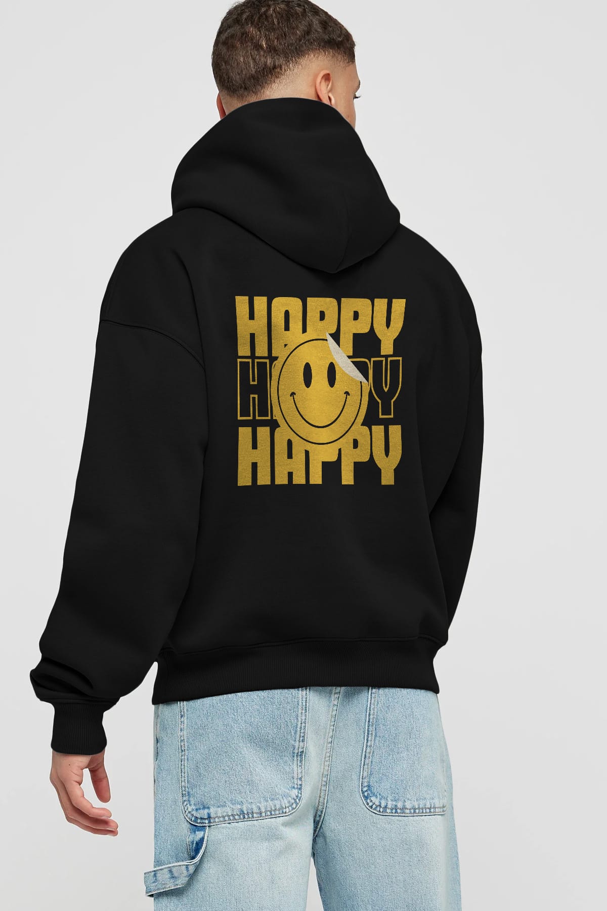 Happy Smile Yazılı Arka Baskılı Oversize Hoodie Kapüşonlu Sweatshirt Erkek Kadın Unisex