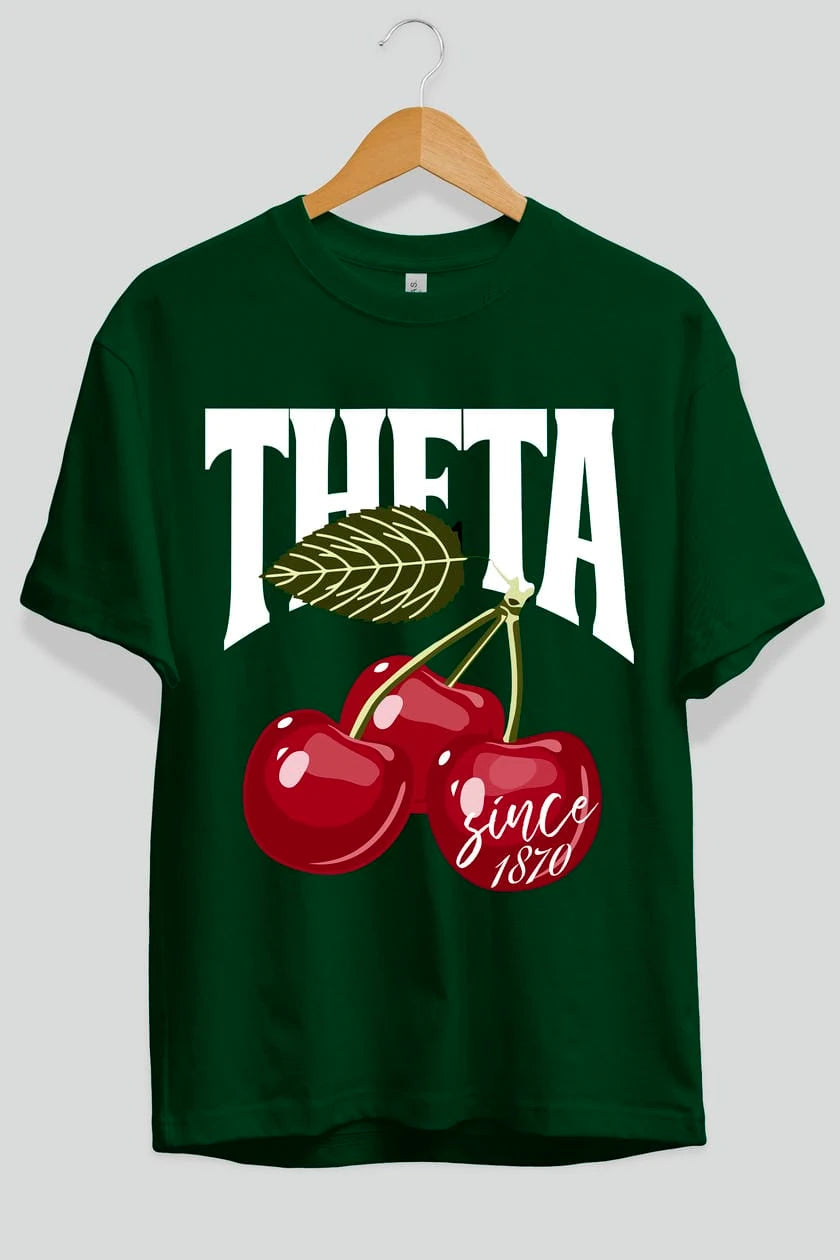 Theta Cherry Cherries Ön Baskılı Oversize t-shirt Erkek Kadın Pamuk Bisiklet Yaka tişort