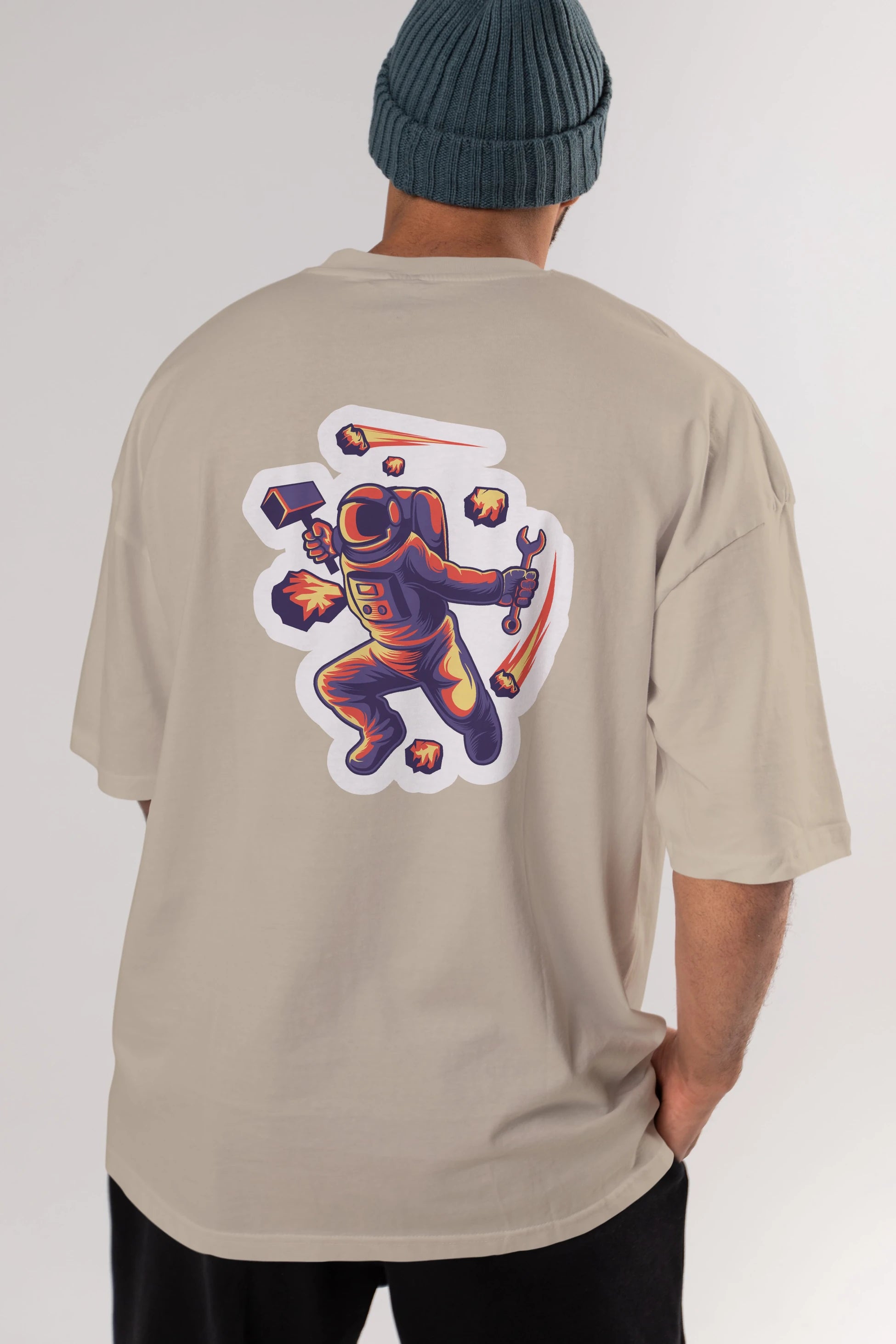 Astronaut Block Meteor Sticker Arka Baskılı Oversize t-shirt Erkek Kadın Unisex