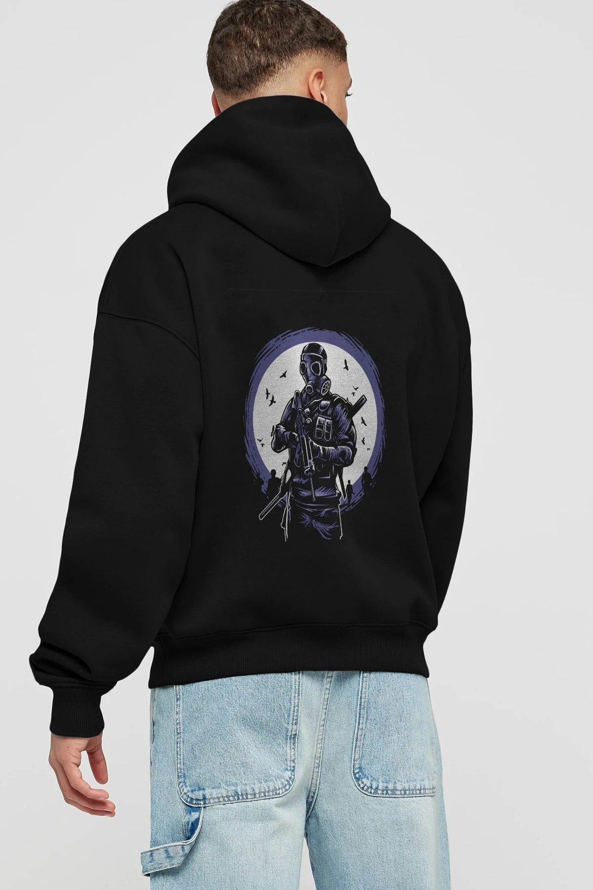 Gas Mask Soldier Arka Baskılı Hoodie Oversize Kapüşonlu Sweatshirt Erkek Kadın Unisex