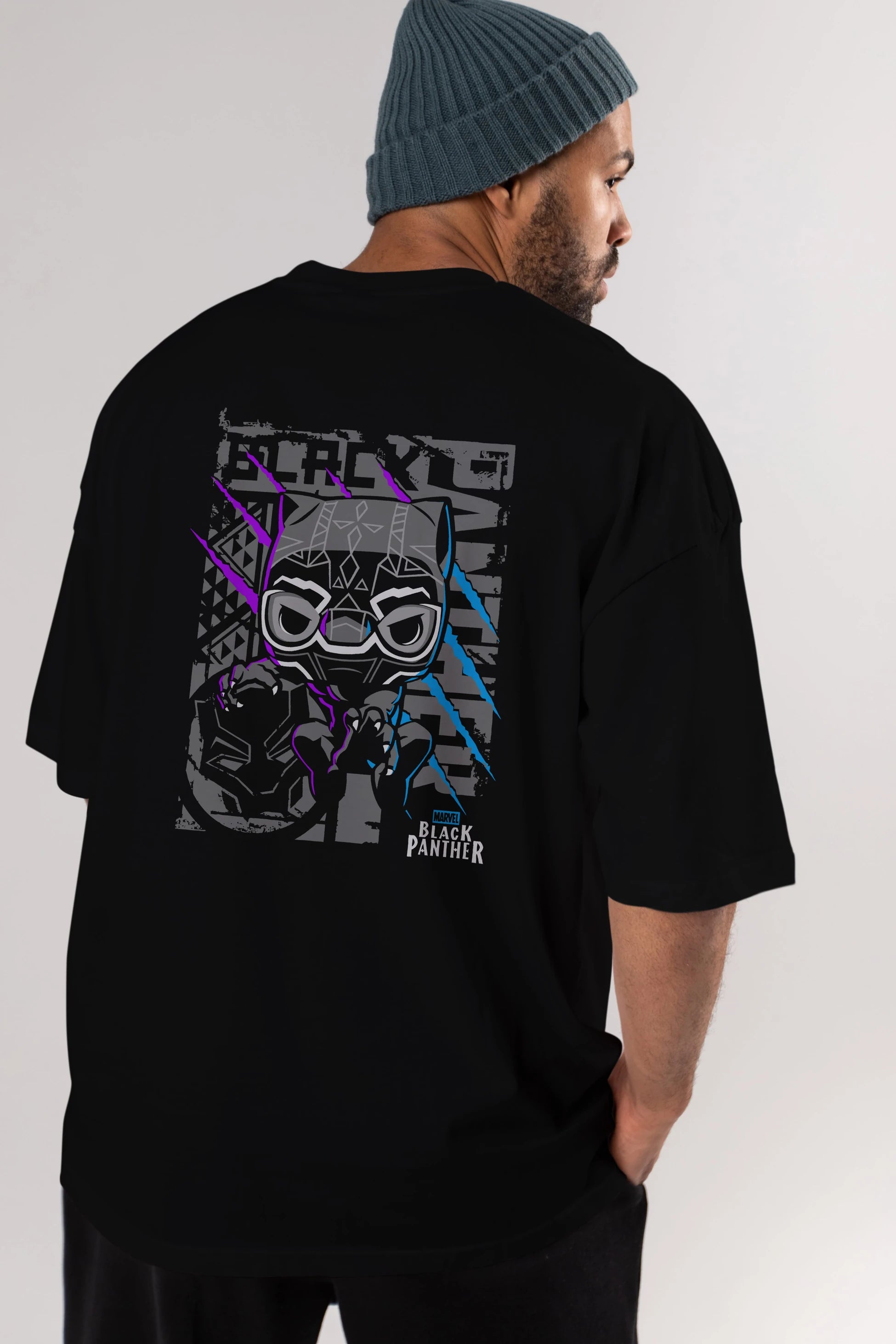 Black Panther Arka Baskılı Oversize t-shirt Erkek Kadın Unisex %100 Pamuk Bisiklet Yaka tişort