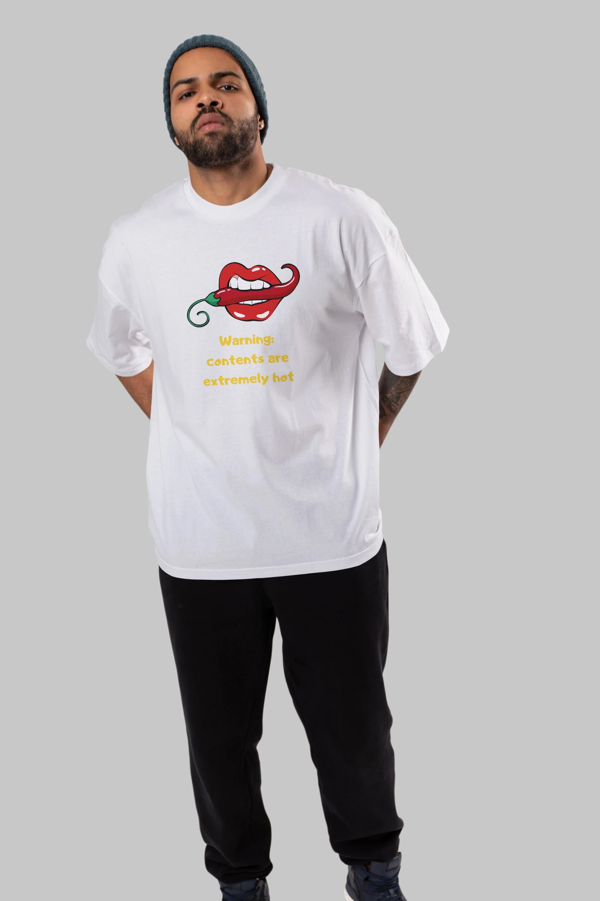 Warning Contents Yazılı Ön Baskılı Oversize t-shirt Erkek Kadın Unisex
