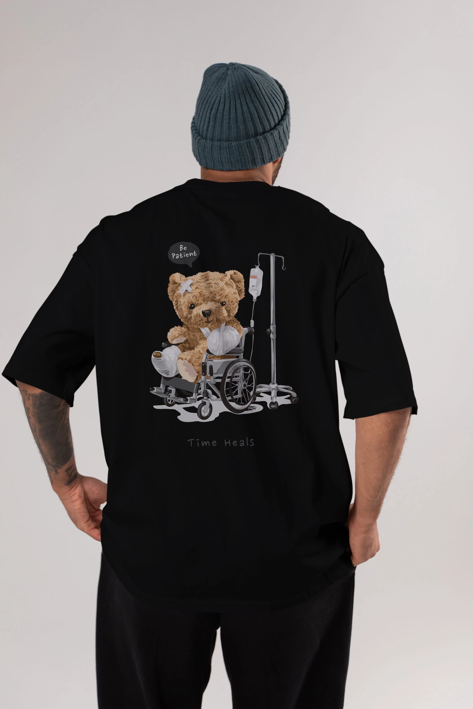 Teddy Bear Time Heals Arka Baskılı Oversize t-shirt Erkek Kadın Unisex %100 Pamuk
