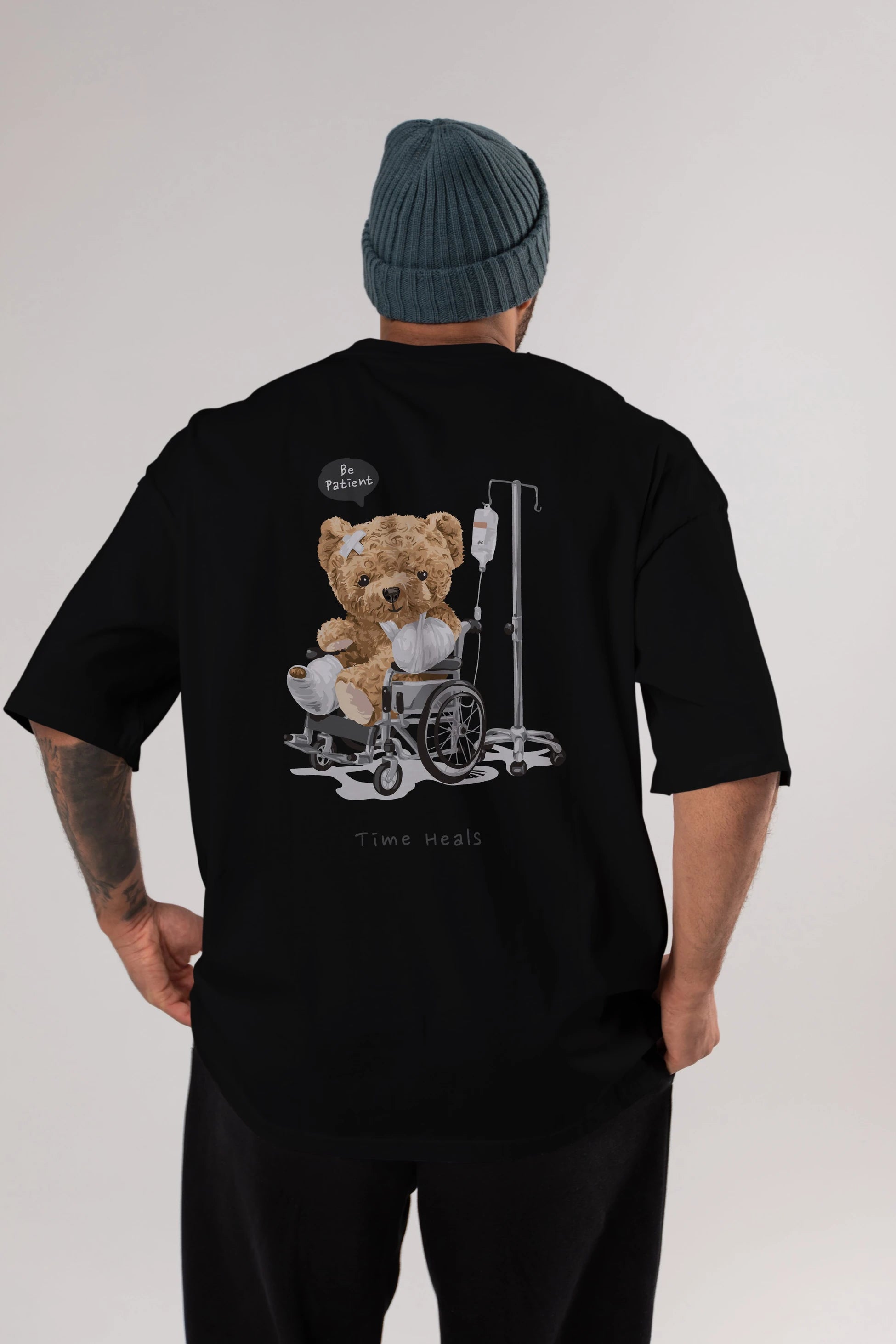 Teddy Bear Time Heals Arka Baskılı Oversize t-shirt Erkek Kadın Unisex %100 Pamuk