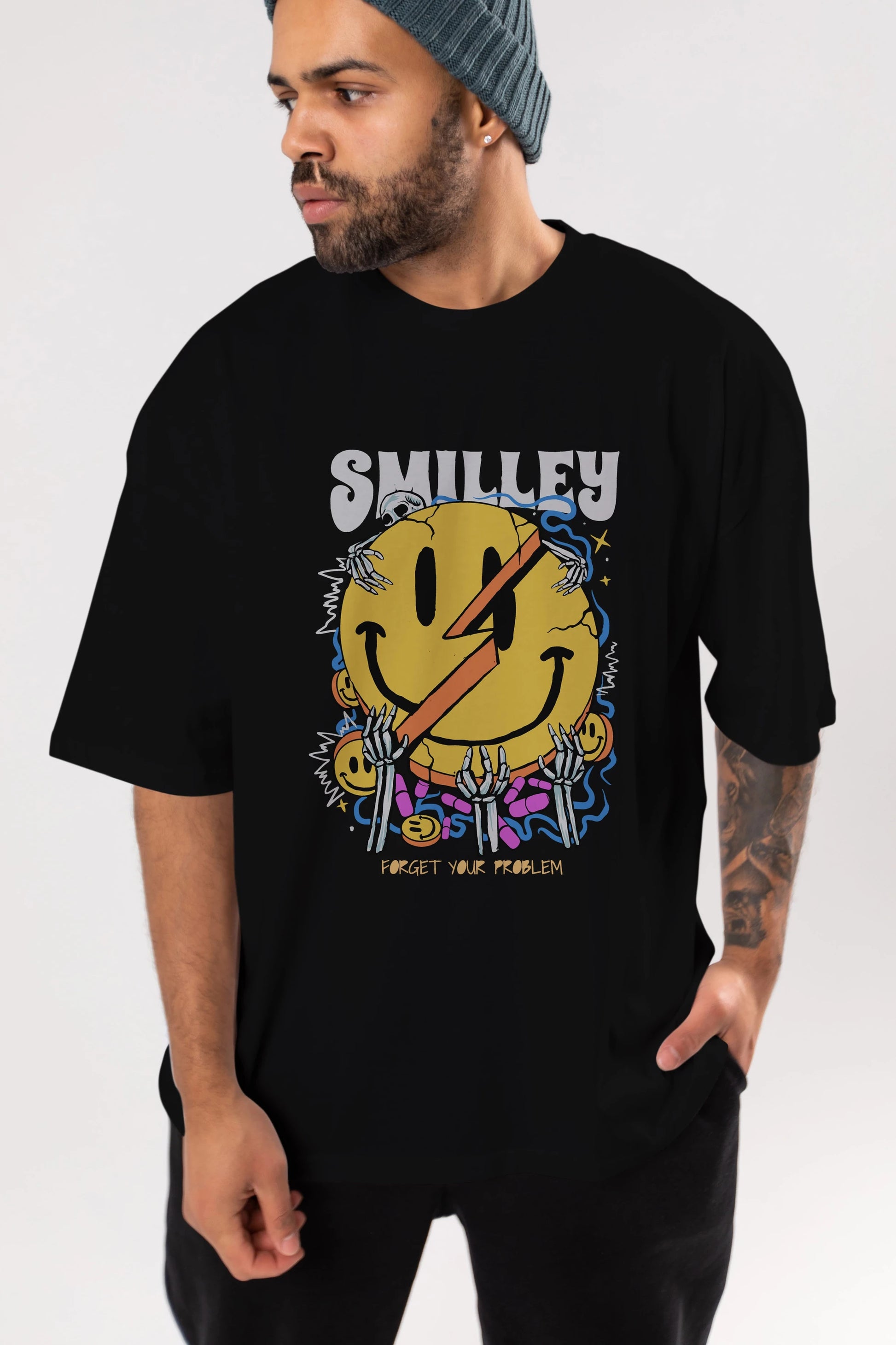 Smilley Streetwear Ön Baskılı Oversize t-shirt Erkek Kadın Unisex