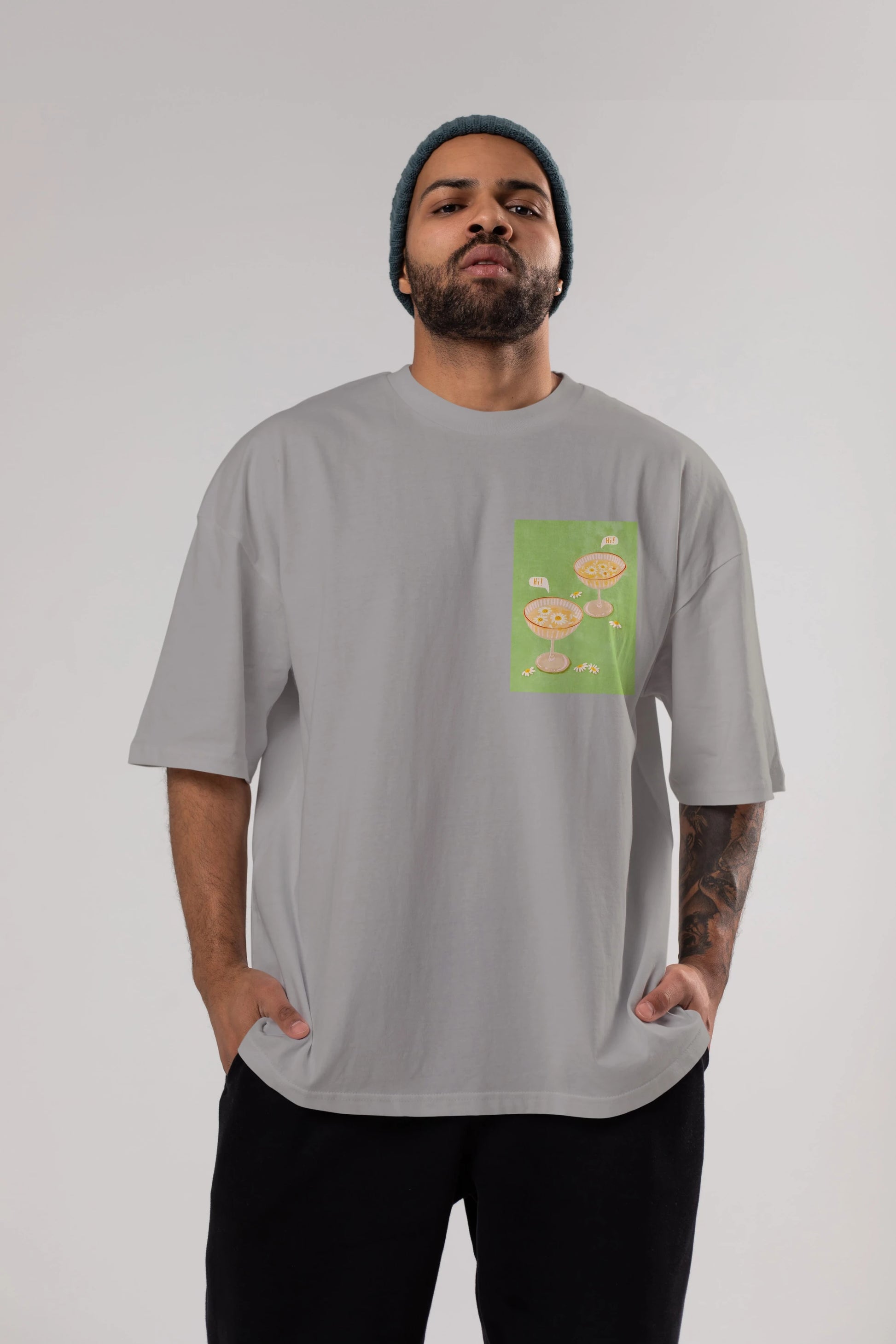 Hi Cheers Ön Sol Baskılı Oversize t-shirt Erkek Kadın Unisex %100 Pamuk Bisiklet Yaka tişort