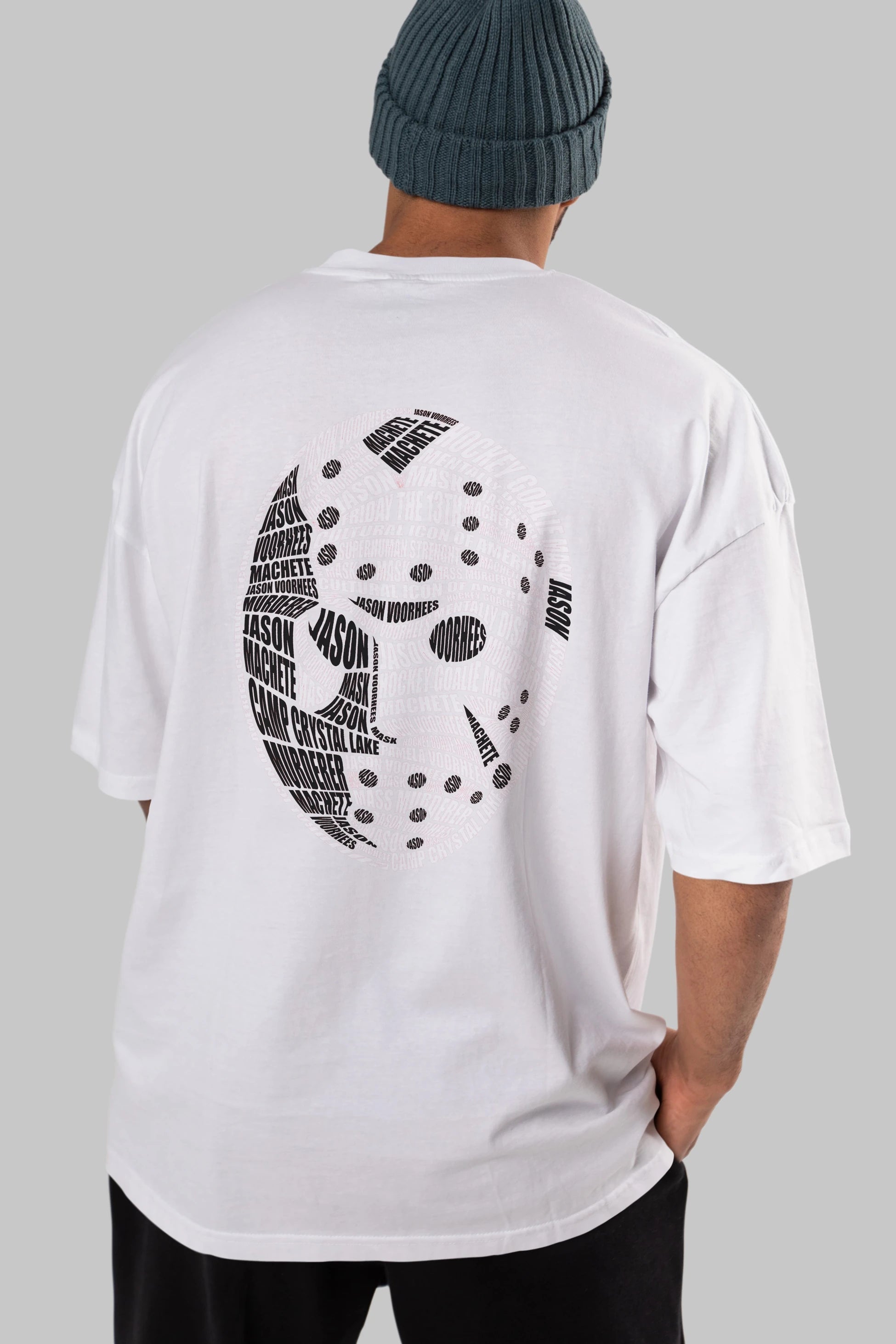 Jason Voorhees Calligram Arka Baskılı Oversize t-shirt %100 pamuk Erkek Kadın Unisex