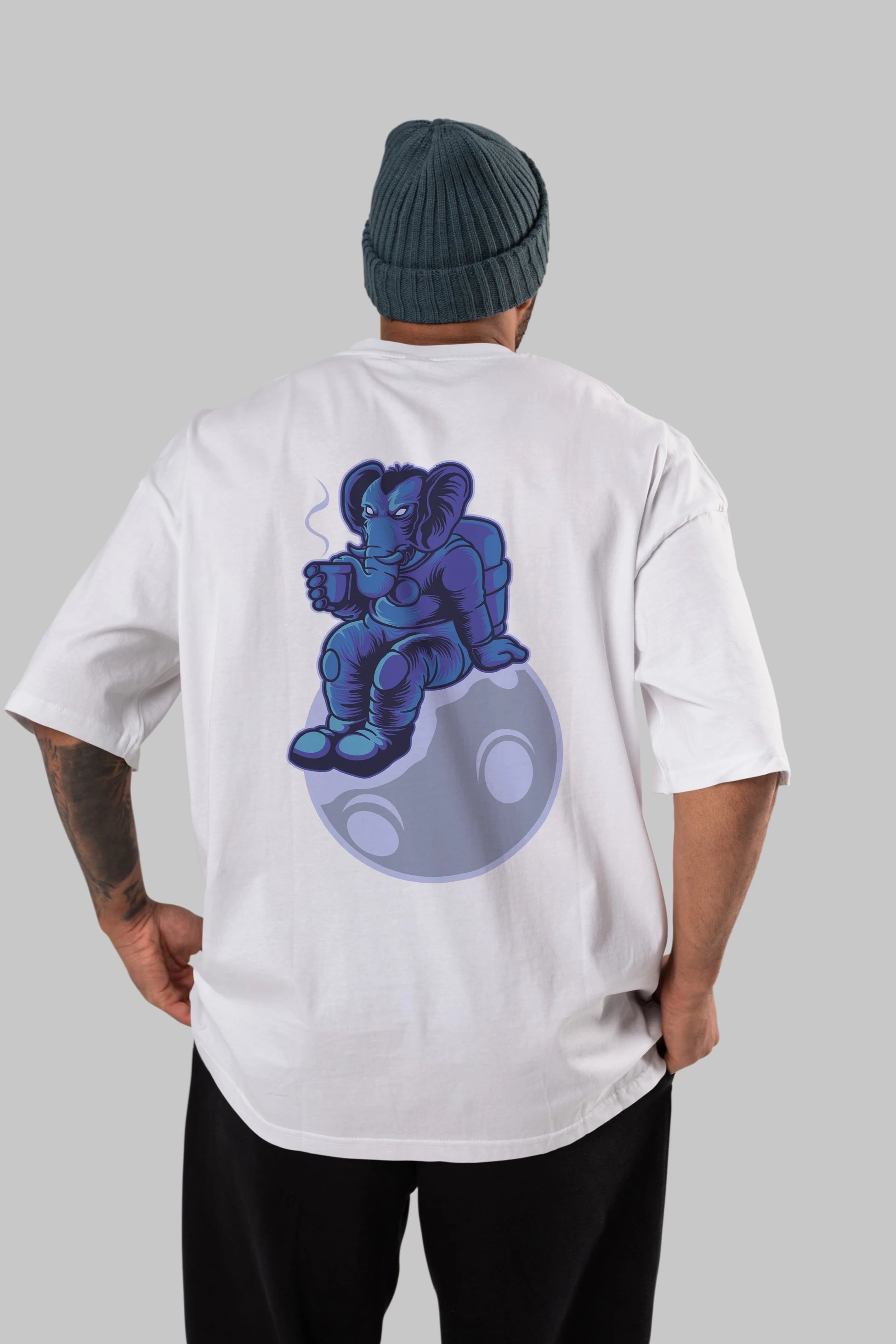 Space Elephant Drink Coffee Arka Baskılı Oversize t-shirt Erkek Kadın Unisex
