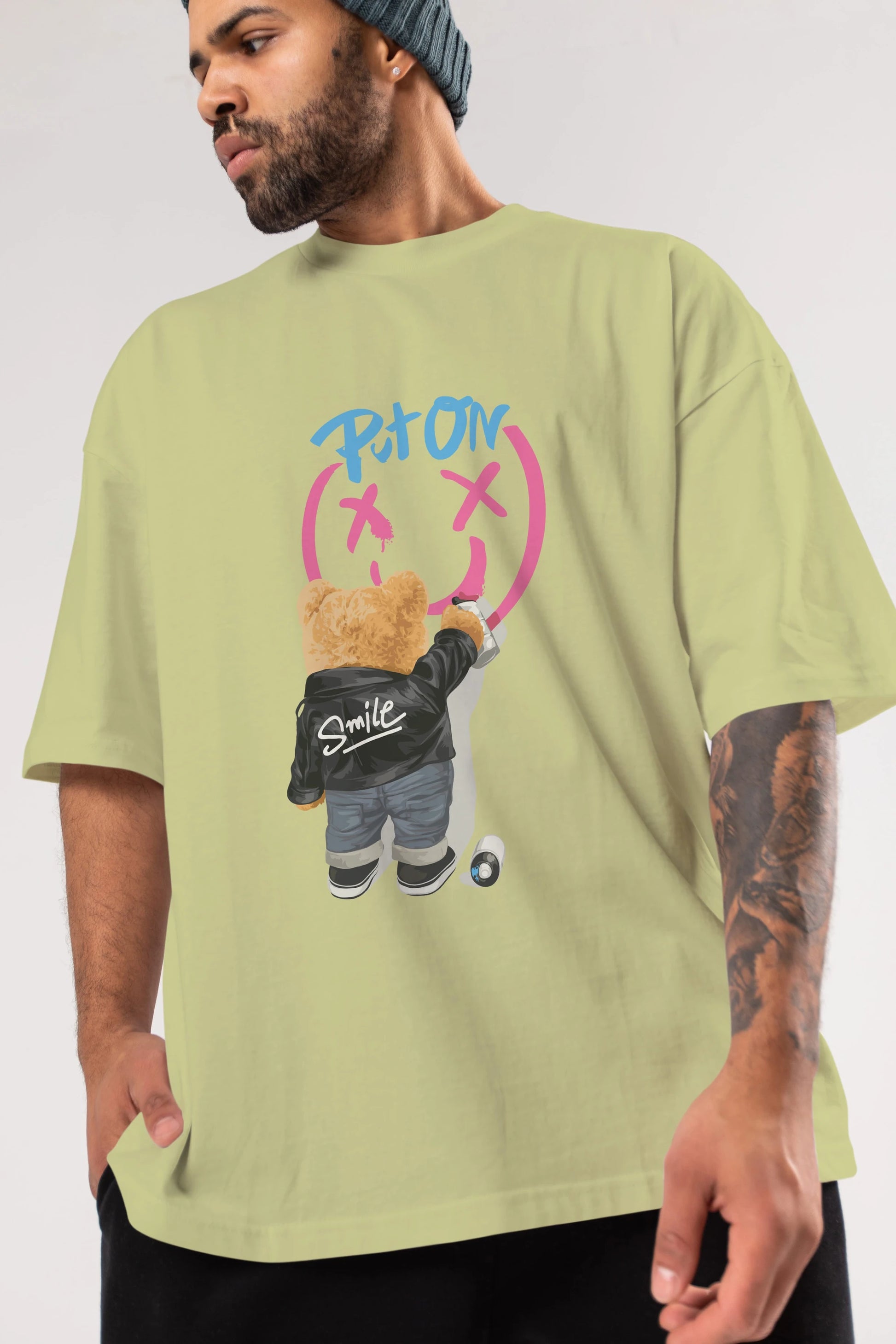 Put on Smile Bear Ön Baskılı Oversize t-shirt Erkek Kadın Unisex