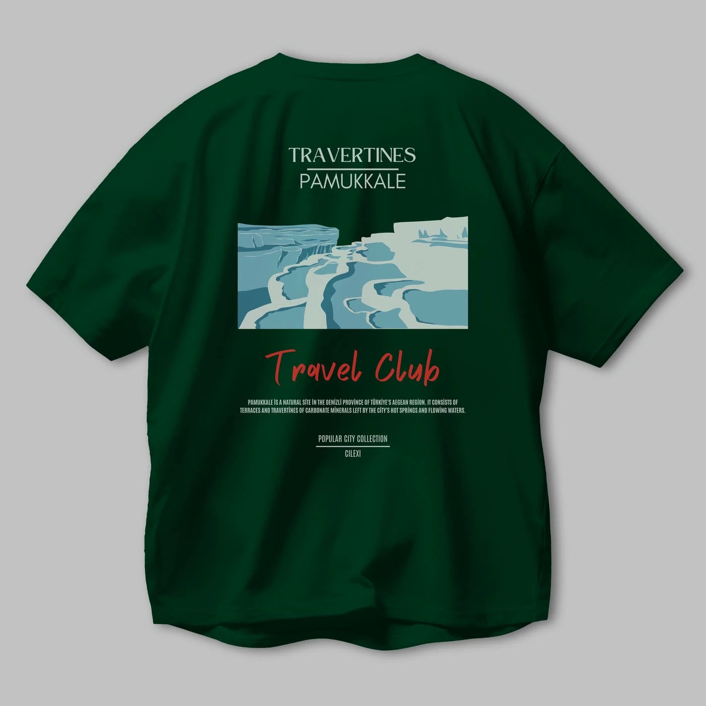 Travertines Pamukkale Arka Baskılı Oversize t-shirt Erkek Kadın Pamuk Bisiklet Yaka tişort