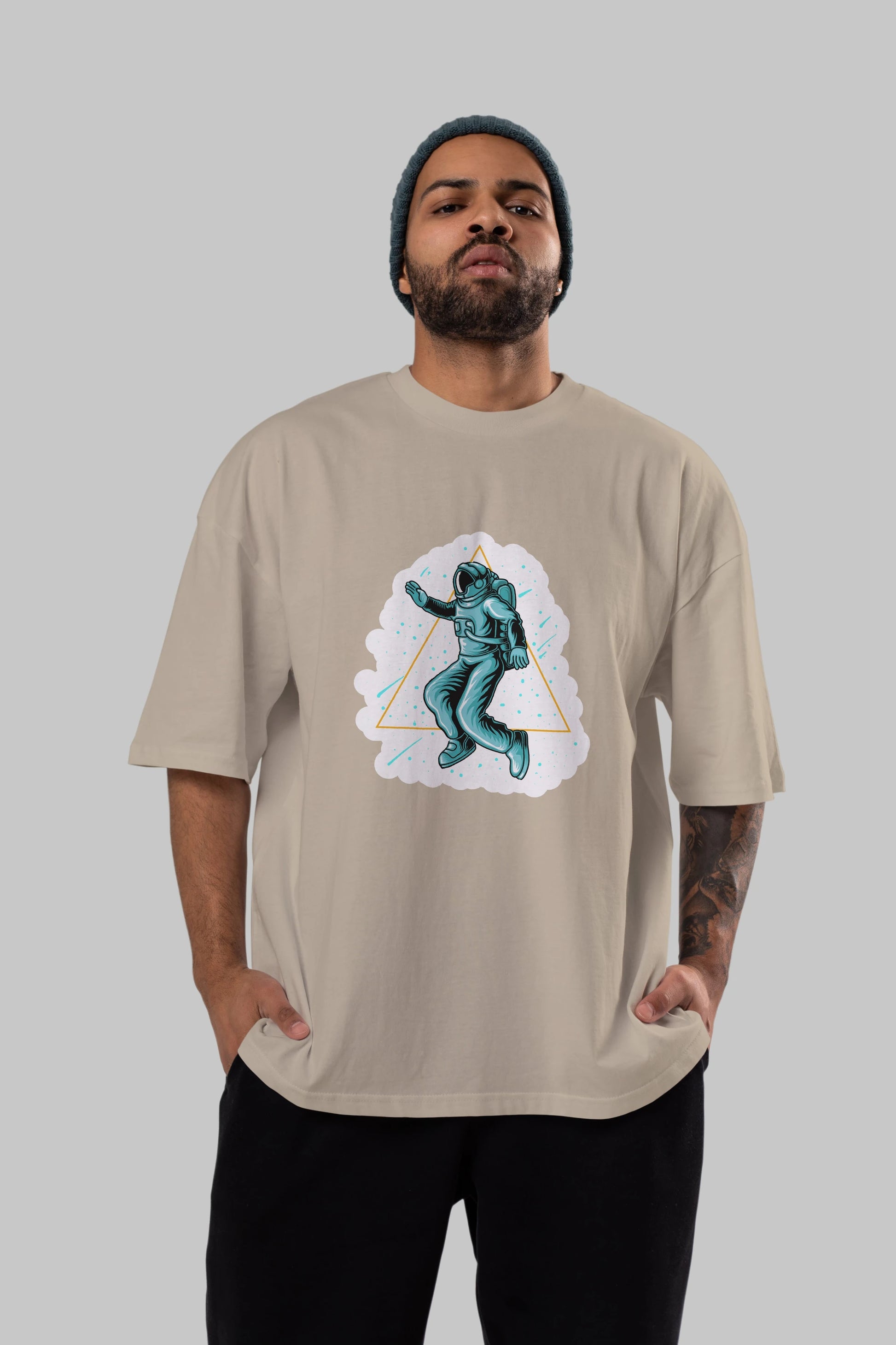 Astronaut Starry Triangle Sticker Ön Baskılı Oversize t-shirt Erkek Kadın Unisex