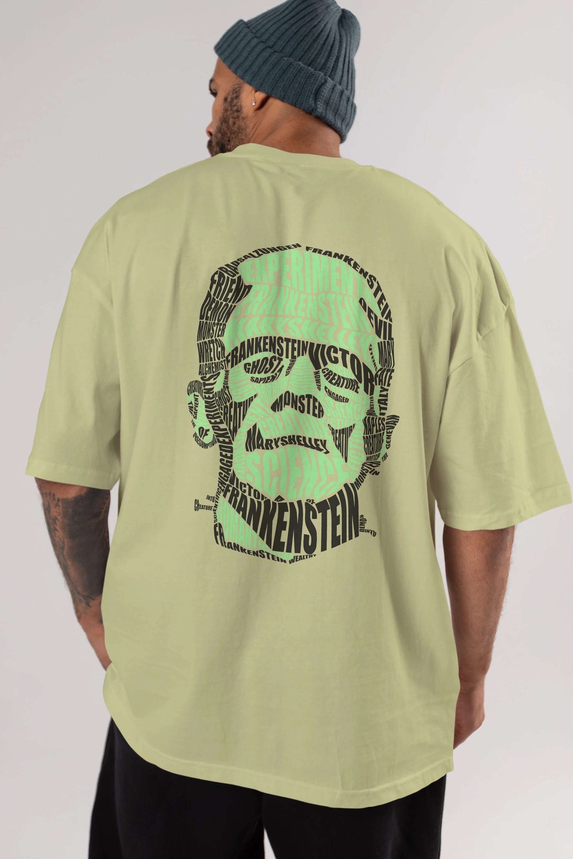 Frankenstein Calligram Arka Baskılı Oversize t-shirt %100 pamuk Erkek Kadın Unisex