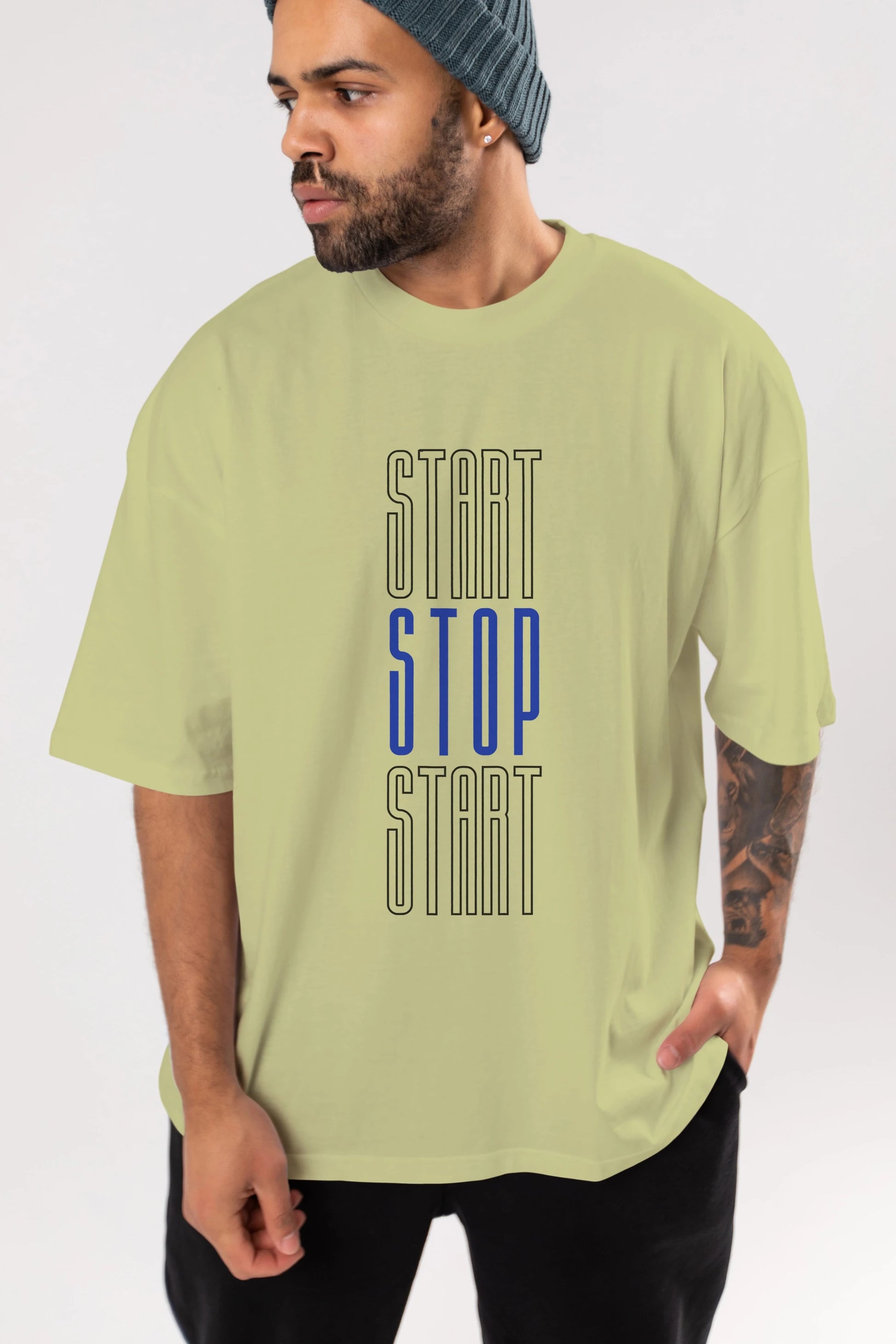 Start Stop Start Yazılı Ön Baskılı Oversize t-shirt Erkek Kadın Unisex