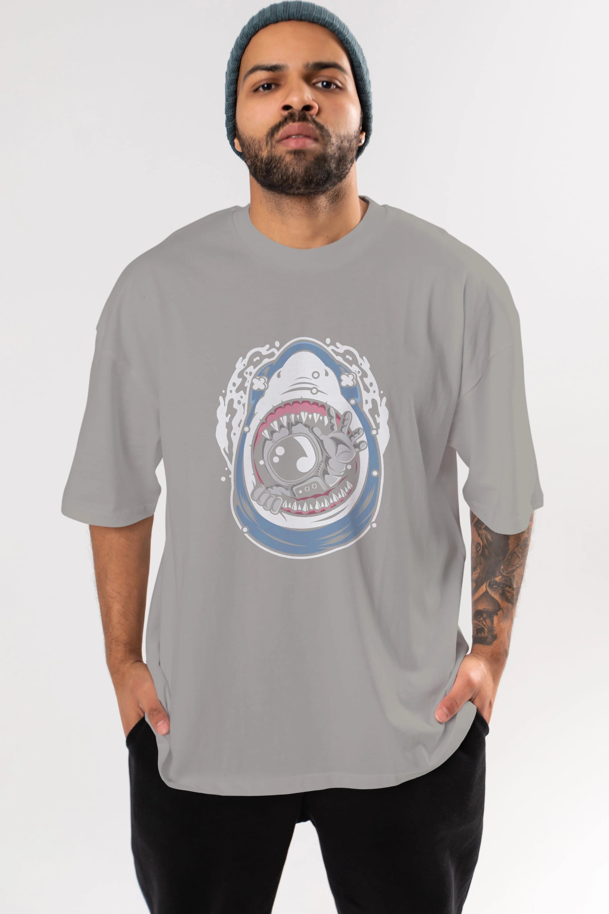 Astronaut Shark Ön Baskılı Oversize t-shirt Erkek Kadın Unisex