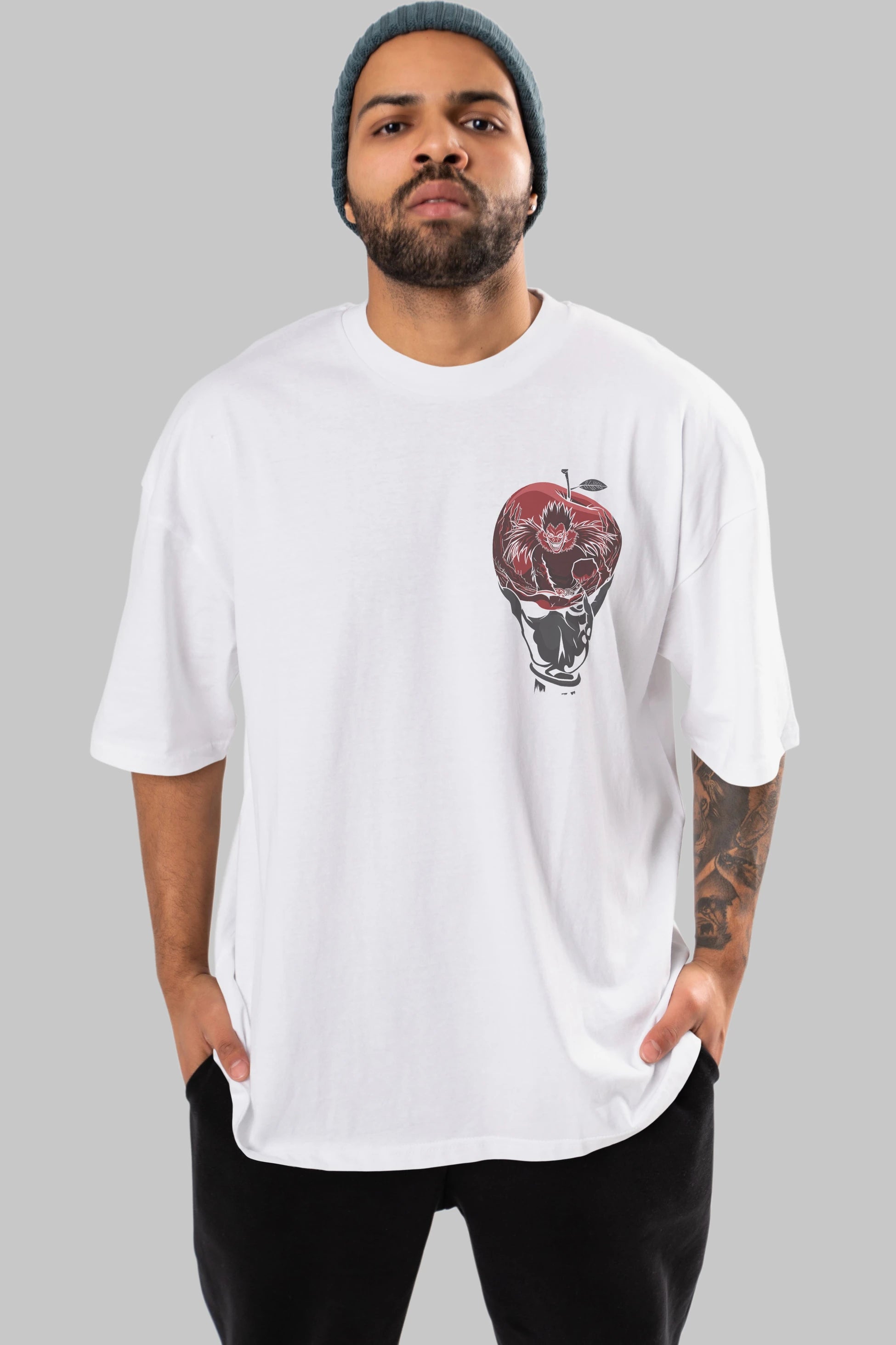 DEATH NOTE -RYUK Ön Sol Baskılı Oversize t-shirt Erkek Kadın Unisex %100 Pamuk Bisiklet Yaka tişort