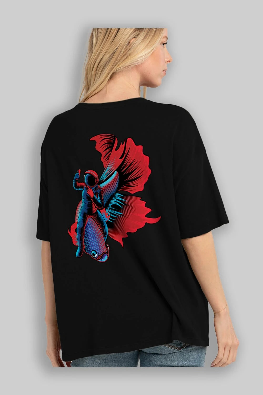 Astrofish selfie Arka Baskılı Oversize t-shirt Erkek Kadın Unisex