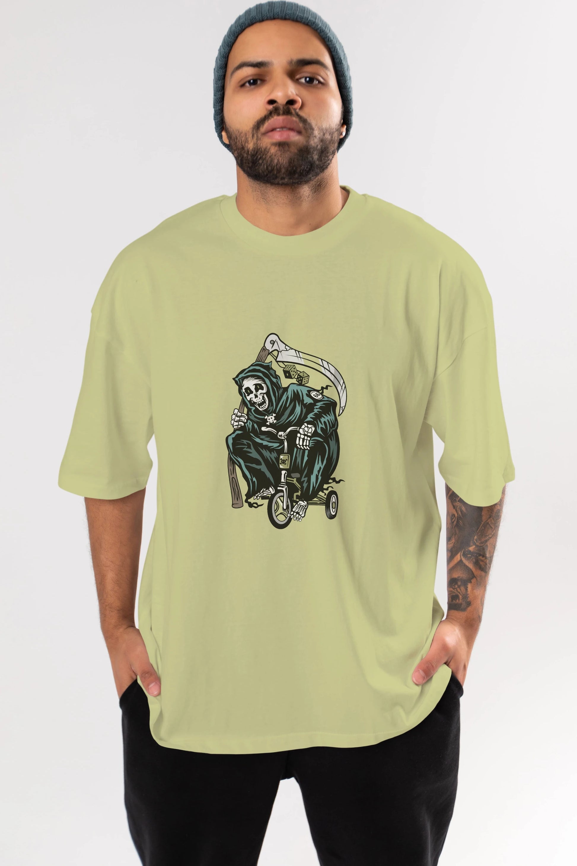 Grim Reaper Bicycle Ön Baskılı Oversize t-shirt Erkek Kadın Unisex %100 Pamuk tişort