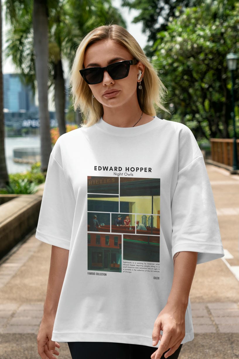 Edward Hopper Night Owls ön Baskılı Oversize t-shirt Erkek Kadın Bisiklet Yaka Pamuk tişort