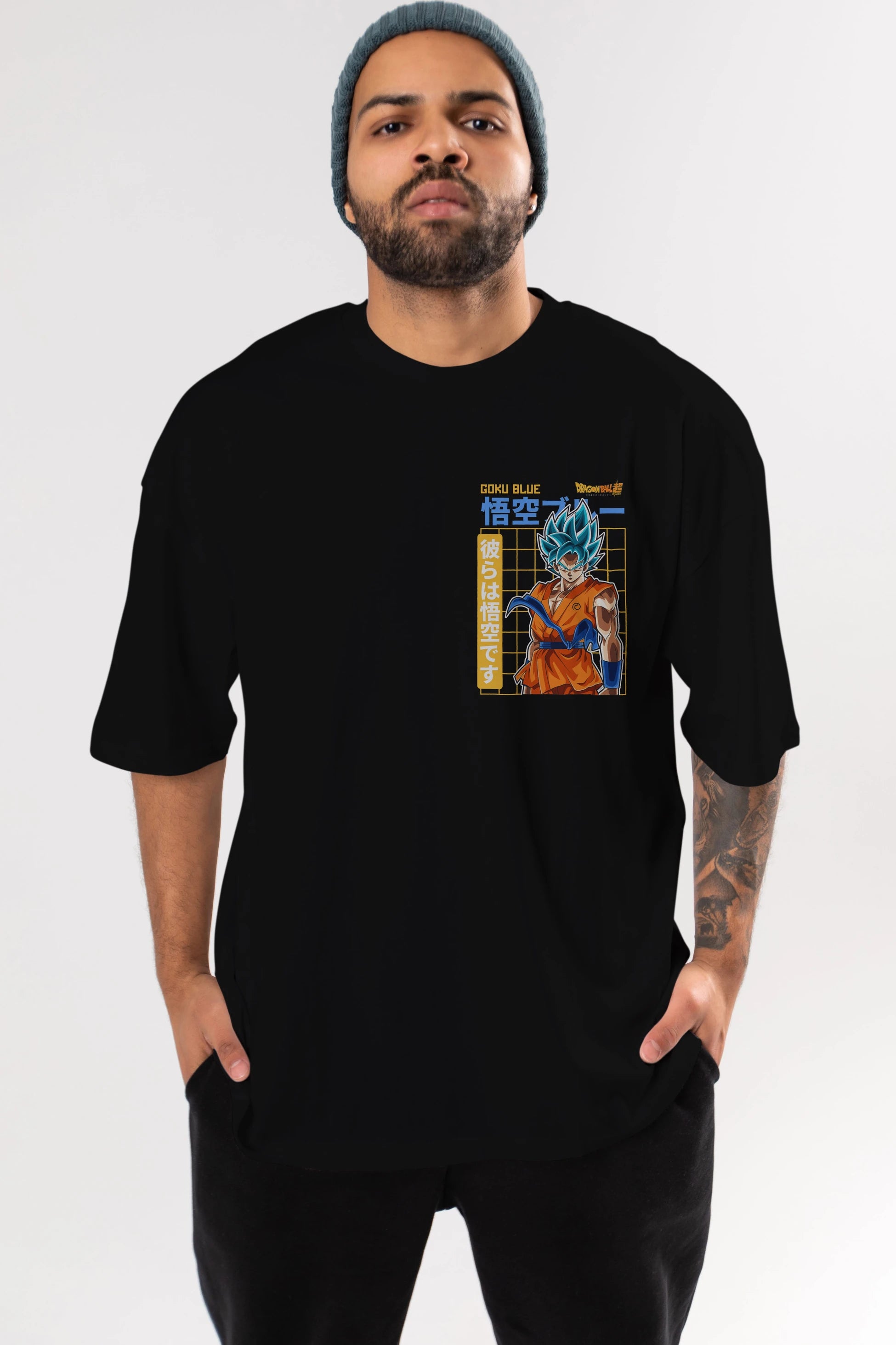 GOKU 1 Ön Sol Baskılı Oversize t-shirt Erkek Kadın Unisex %100 Pamuk Bisiklet Yaka tişort