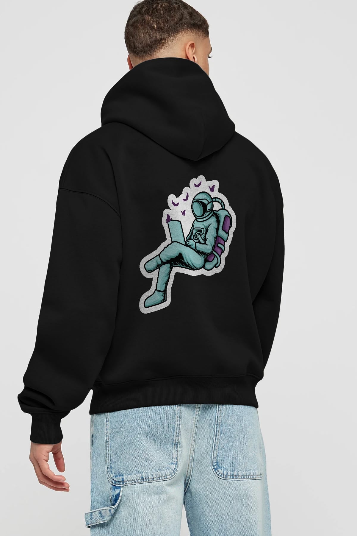 Work with Butterflies in Space Sticker Arka Baskılı Hoodie Oversize Kapüşonlu Sweatshirt Erkek Kadın Unisex