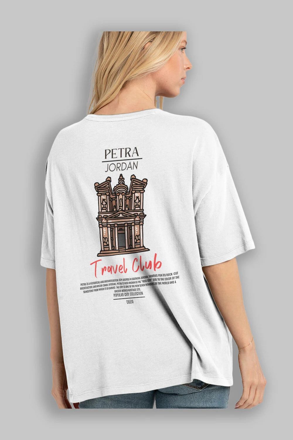 Petra Jordan Arka Baskılı Oversize t-shirt Erkek Kadın Pamuk Bisiklet Yaka tişort