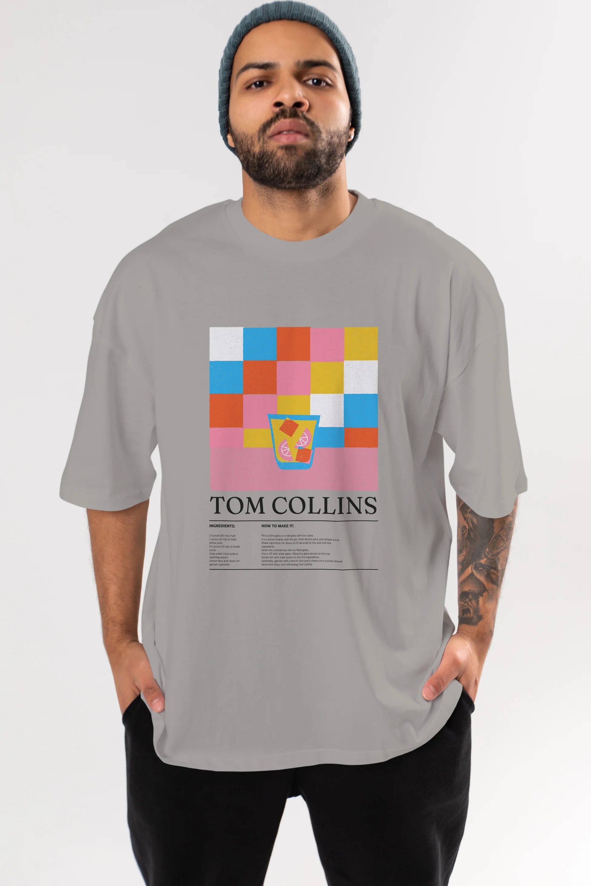 Tom Collins Kokteyl Ön Baskılı Oversize t-shirt Erkek Kadın %100 Pamuk Bisiklet Yaka tişort