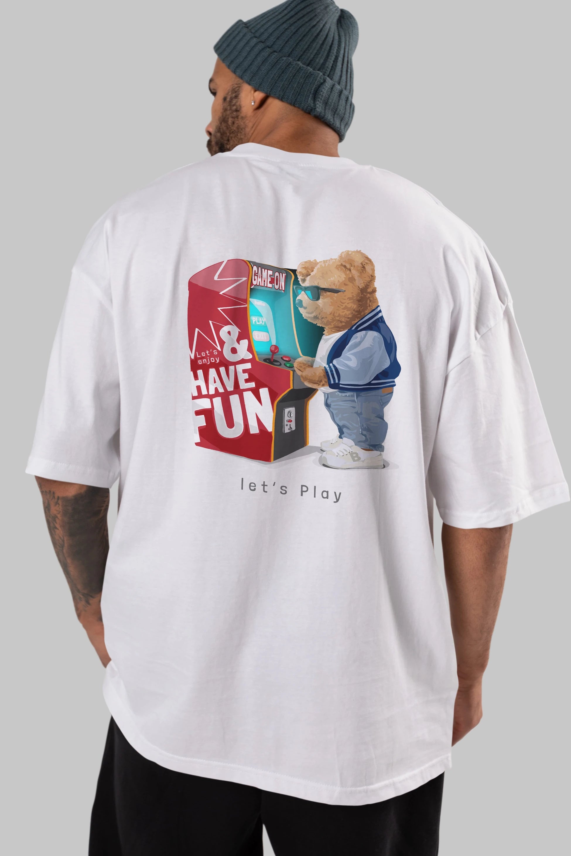 Teddy Bear Lets Play Arka Baskılı Oversize t-shirt Erkek Kadın Unisex %100 Pamuk