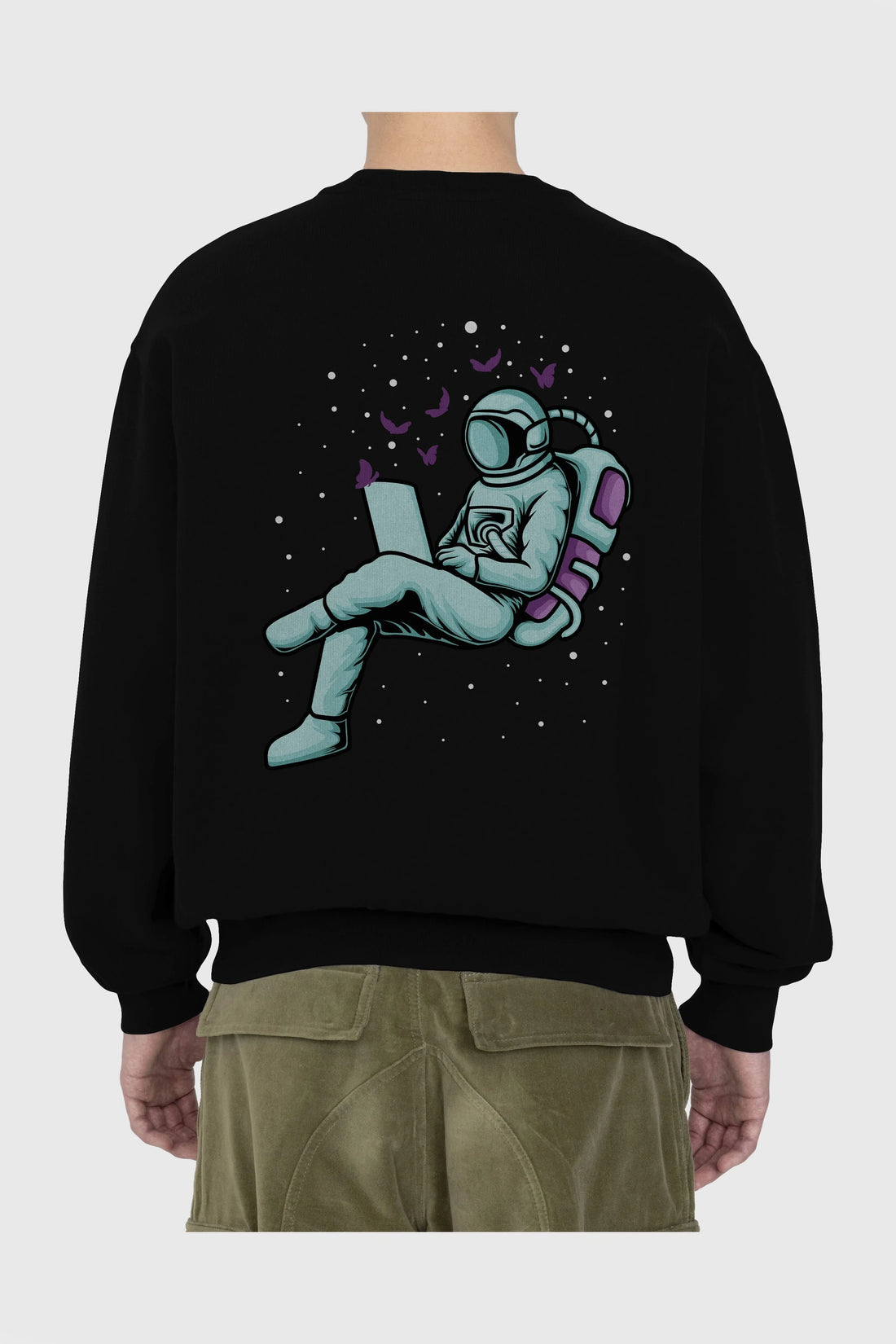 Work with Butterflies in Space Arka Baskılı Oversize Sweatshirt Erkek Kadın Unisex