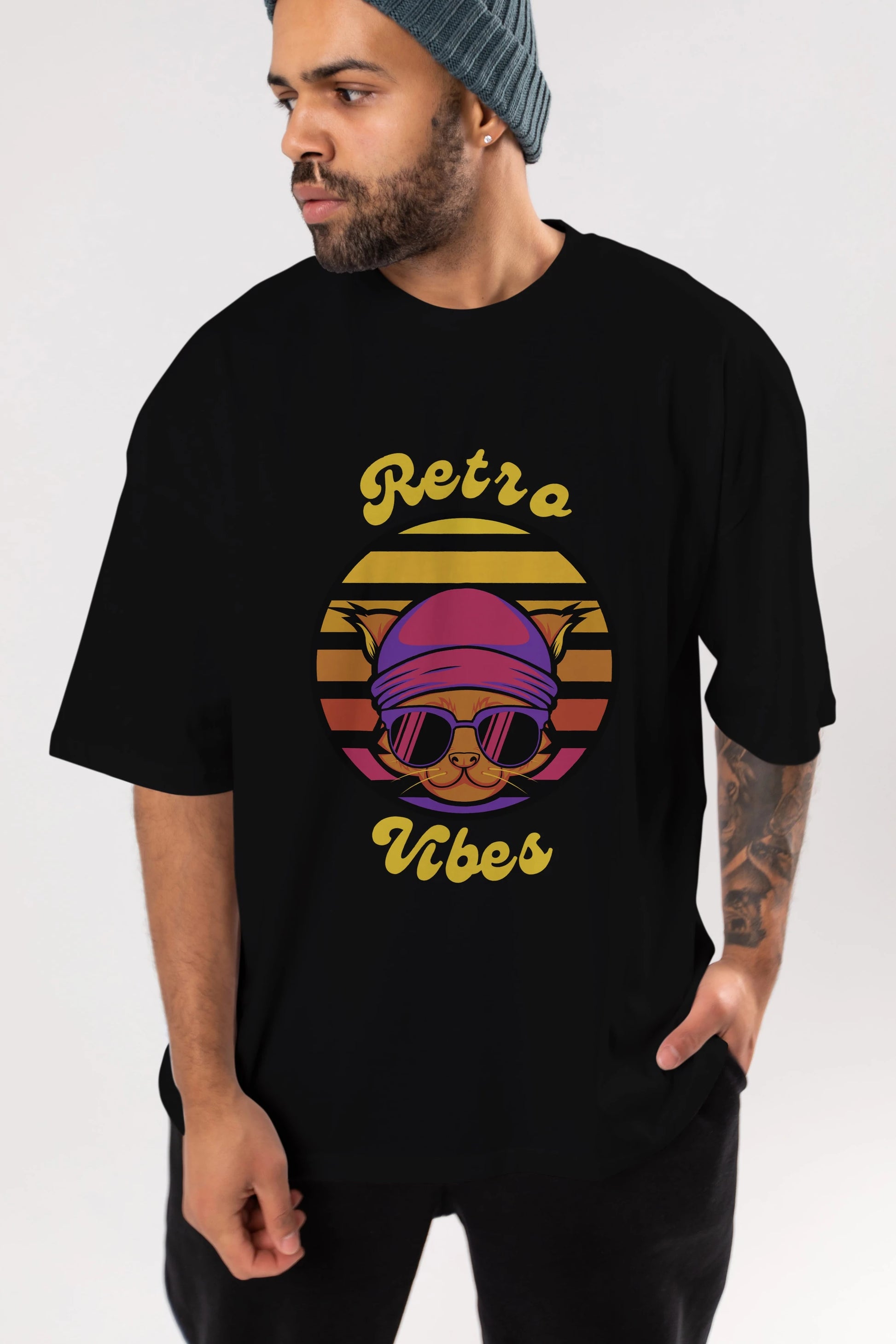 Cat Retro Vibes Ön Baskılı Oversize t-shirt Erkek Kadın Unisex