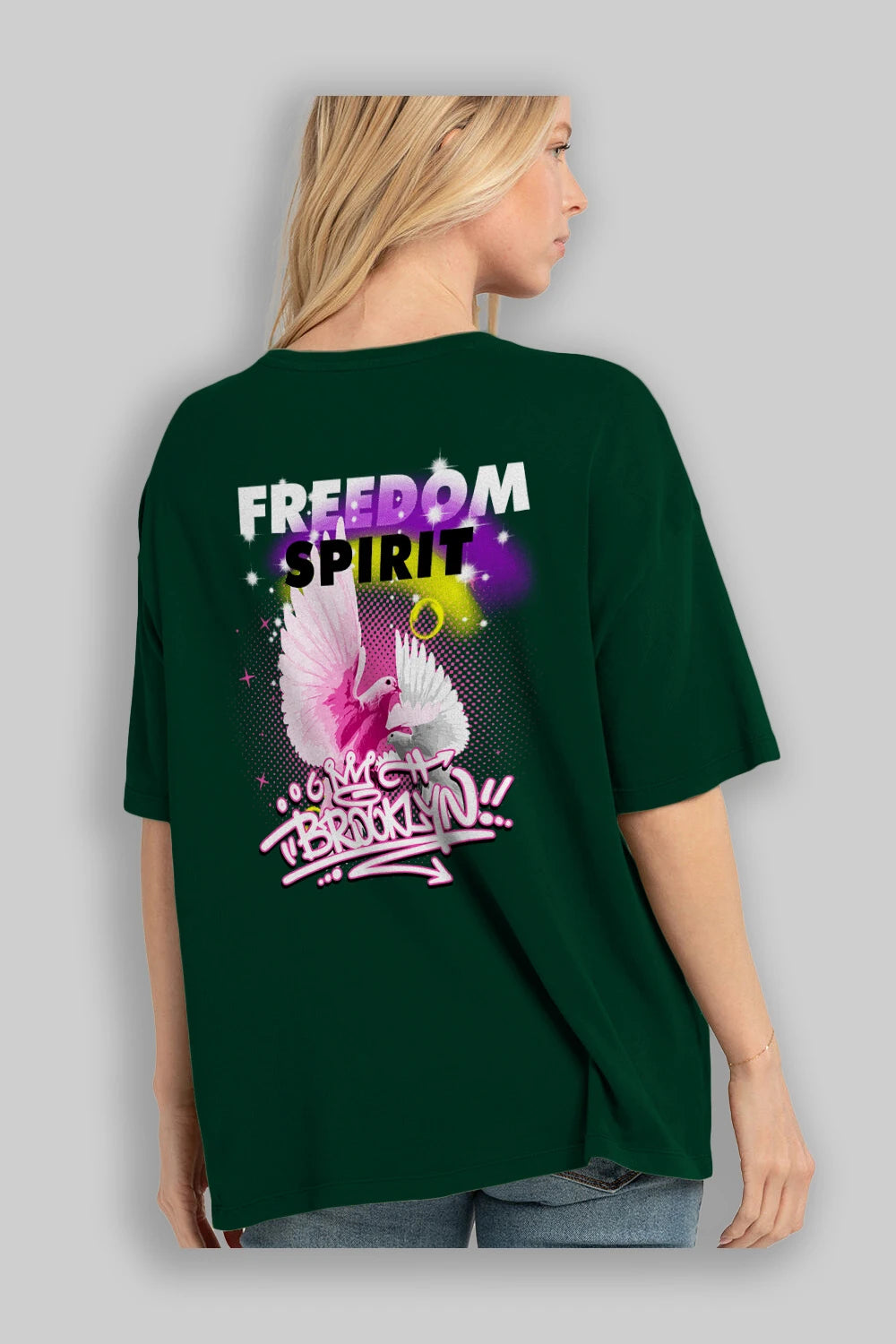 Freedom Spirit Brooklyn Arka Baskılı Oversize t-shirt Erkek Kadın Unisex