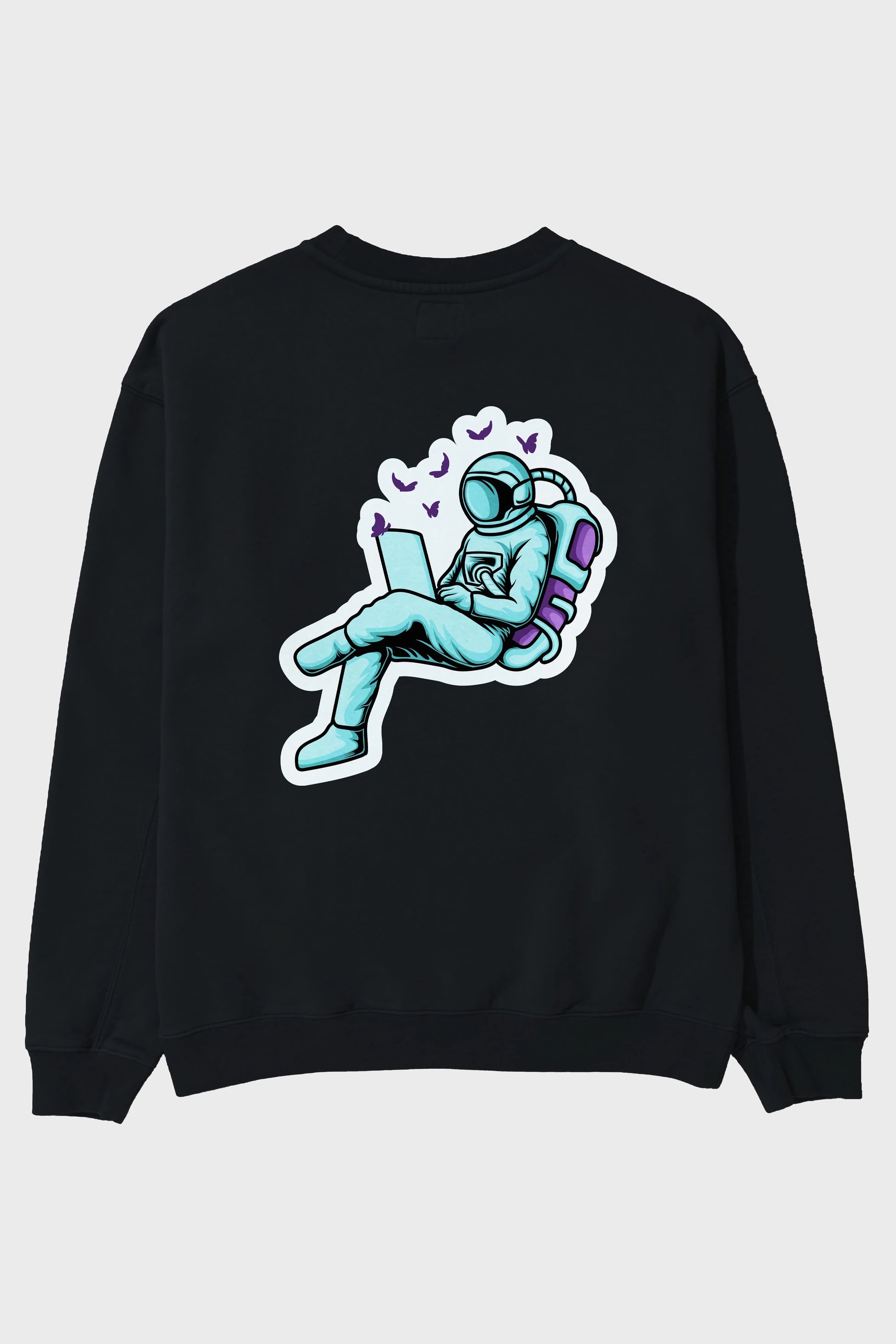 Work with Butterflies in Space Sticker Arka Baskılı Oversize Sweatshirt Erkek Kadın Unisex