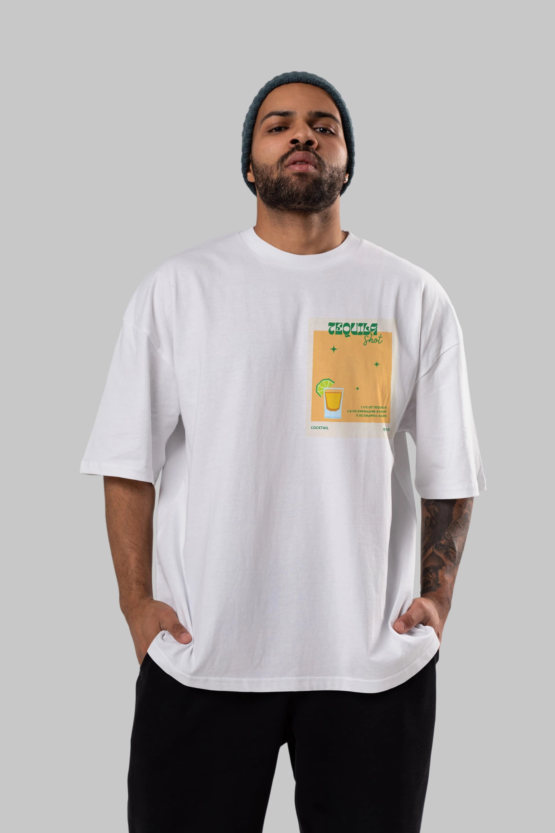 Tequila Shot 2 Ön Sol Baskılı Oversize t-shirt Erkek Kadın Unisex %100 Pamuk Bisiklet Yaka tişort