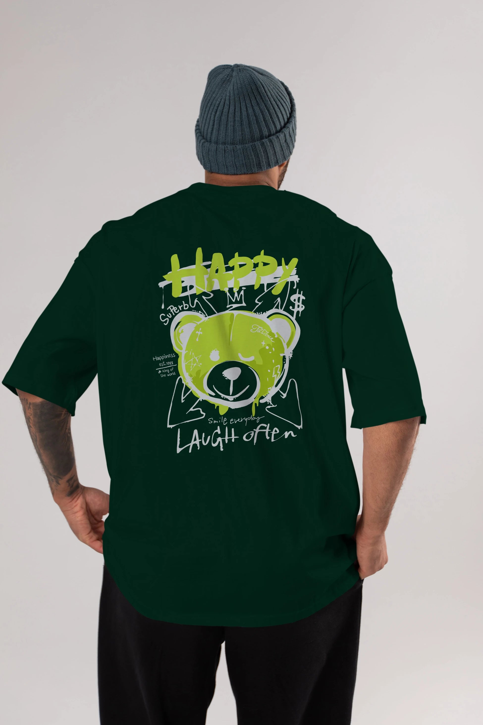Happy Bear Arka Baskılı Oversize t-shirt Erkek Kadın Unisex