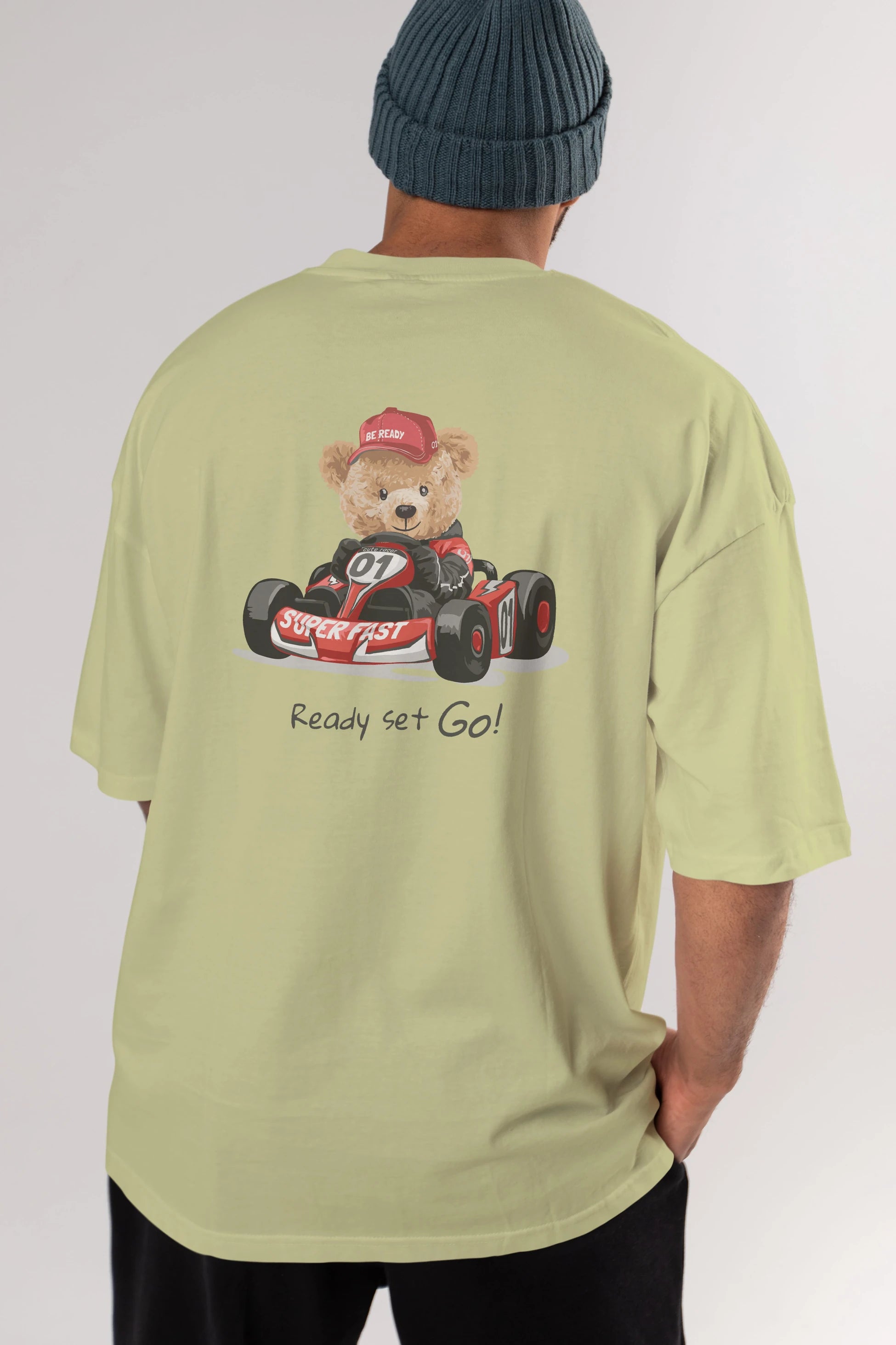 Teddy Bear Ready Set Go Arka Baskılı Oversize t-shirt Erkek Kadın Unisex %100 Pamuk