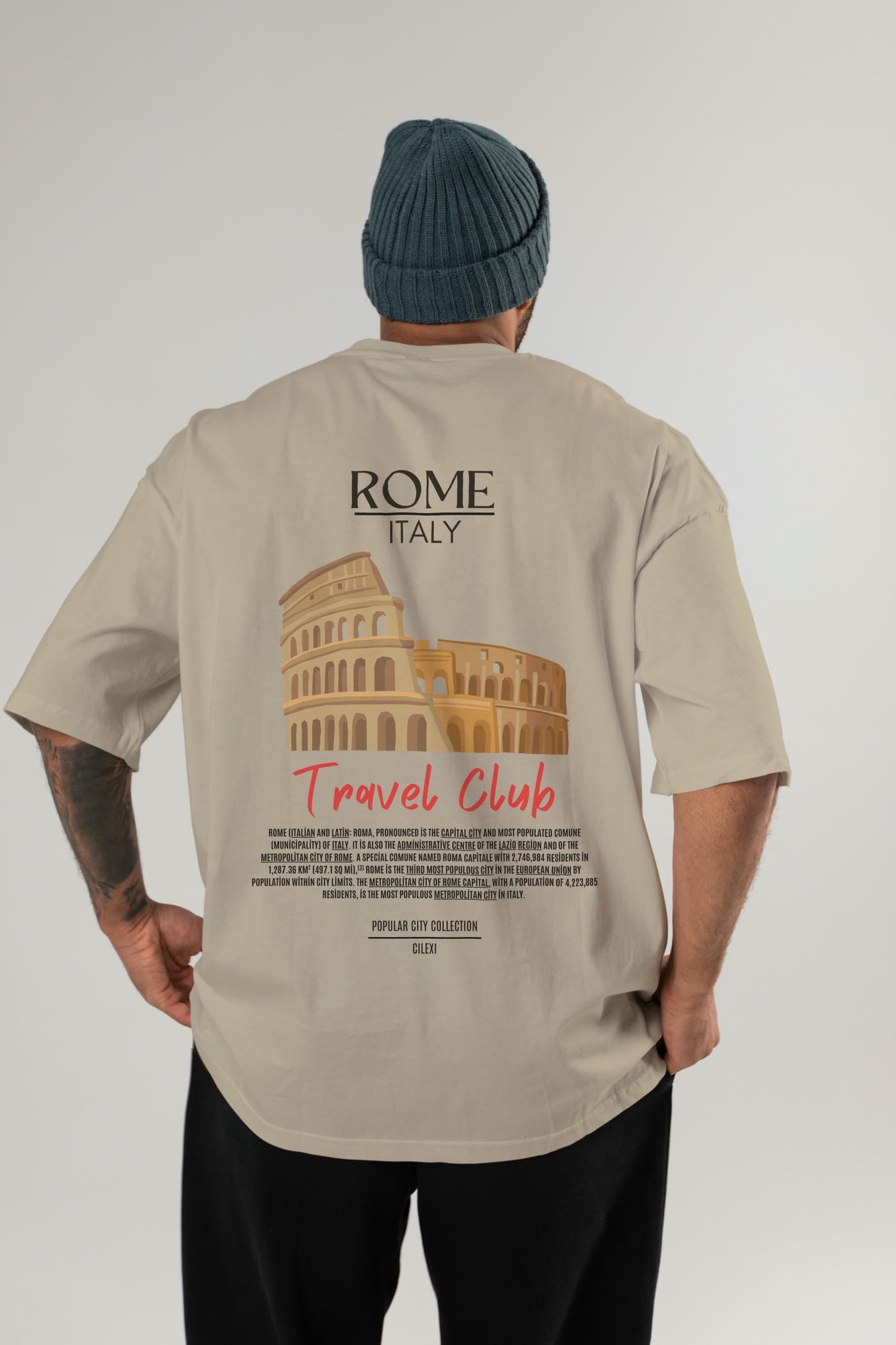 Roma İtaly Arka Baskılı Oversize t-shirt Erkek Kadın Pamuk Bisiklet Yaka tişort