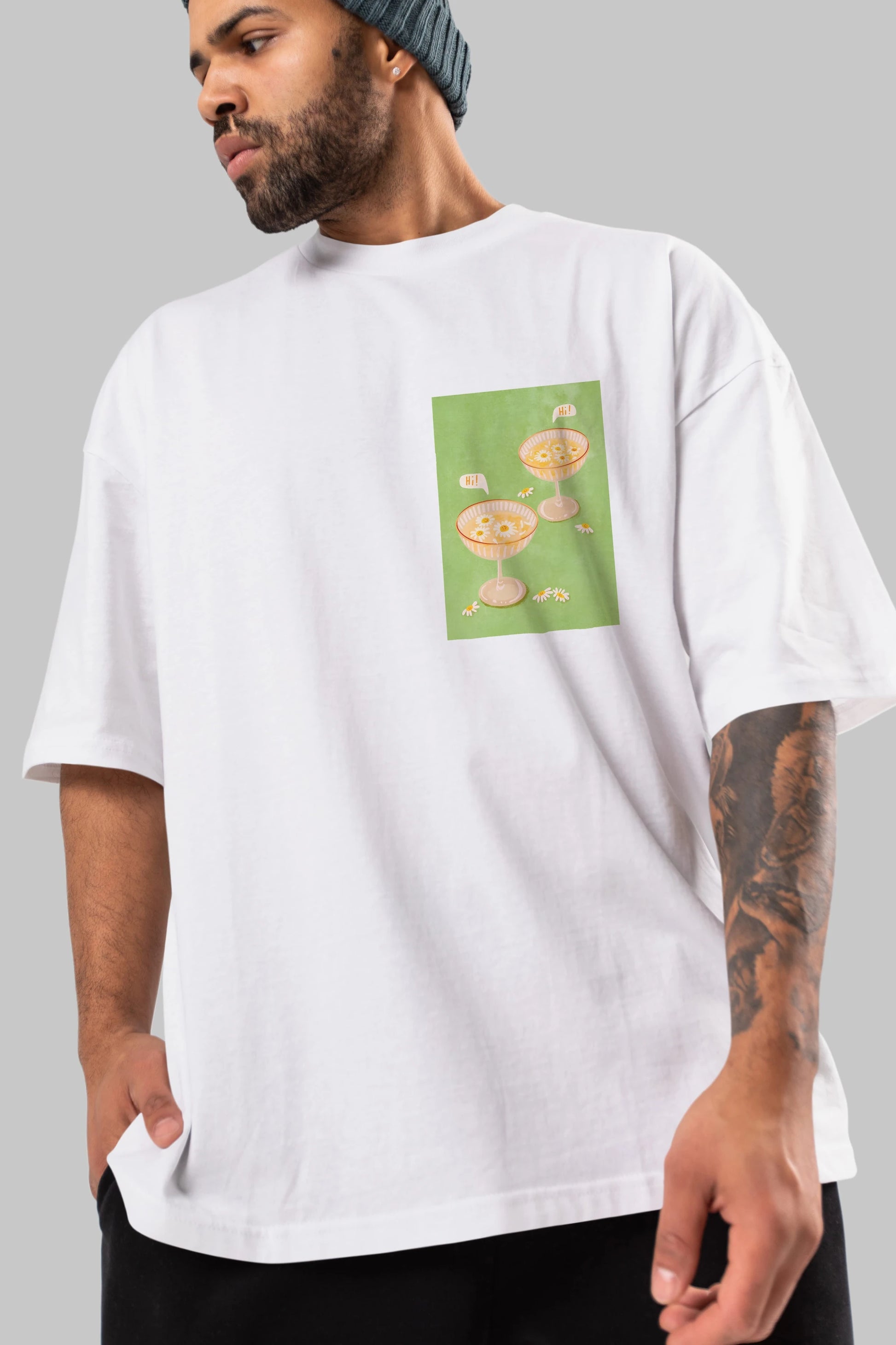 Hi Cheers Ön Sol Baskılı Oversize t-shirt Erkek Kadın Unisex %100 Pamuk Bisiklet Yaka tişort