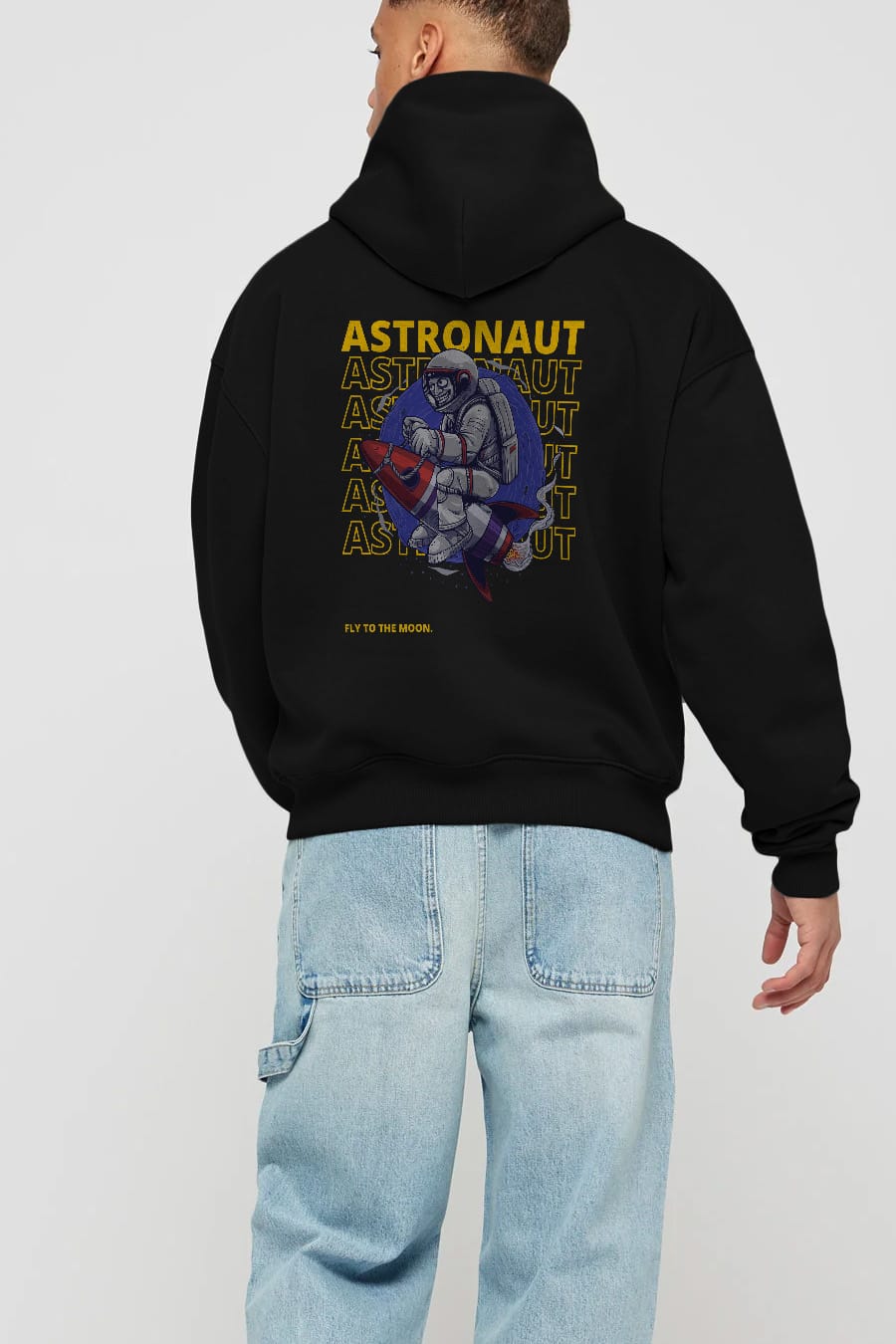 Astronaut Fly to the Moon Yazılı Arka Baskılı Oversize Hoodie Kapüşonlu Sweatshirt Erkek Kadın Unisex