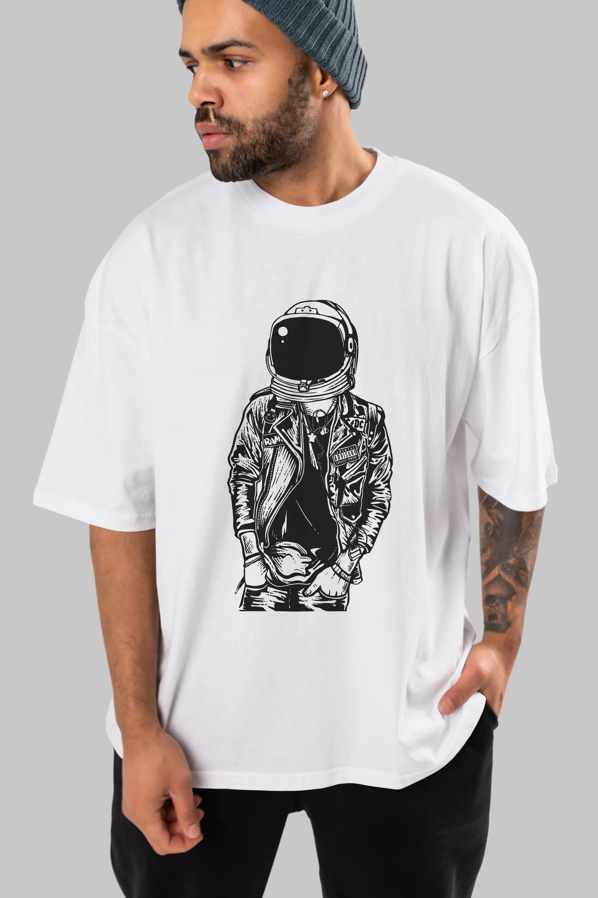 Astronaut Punkster Ön Baskılı Oversize t-shirt Erkek Kadın Unisex %100 Pamuk tişort