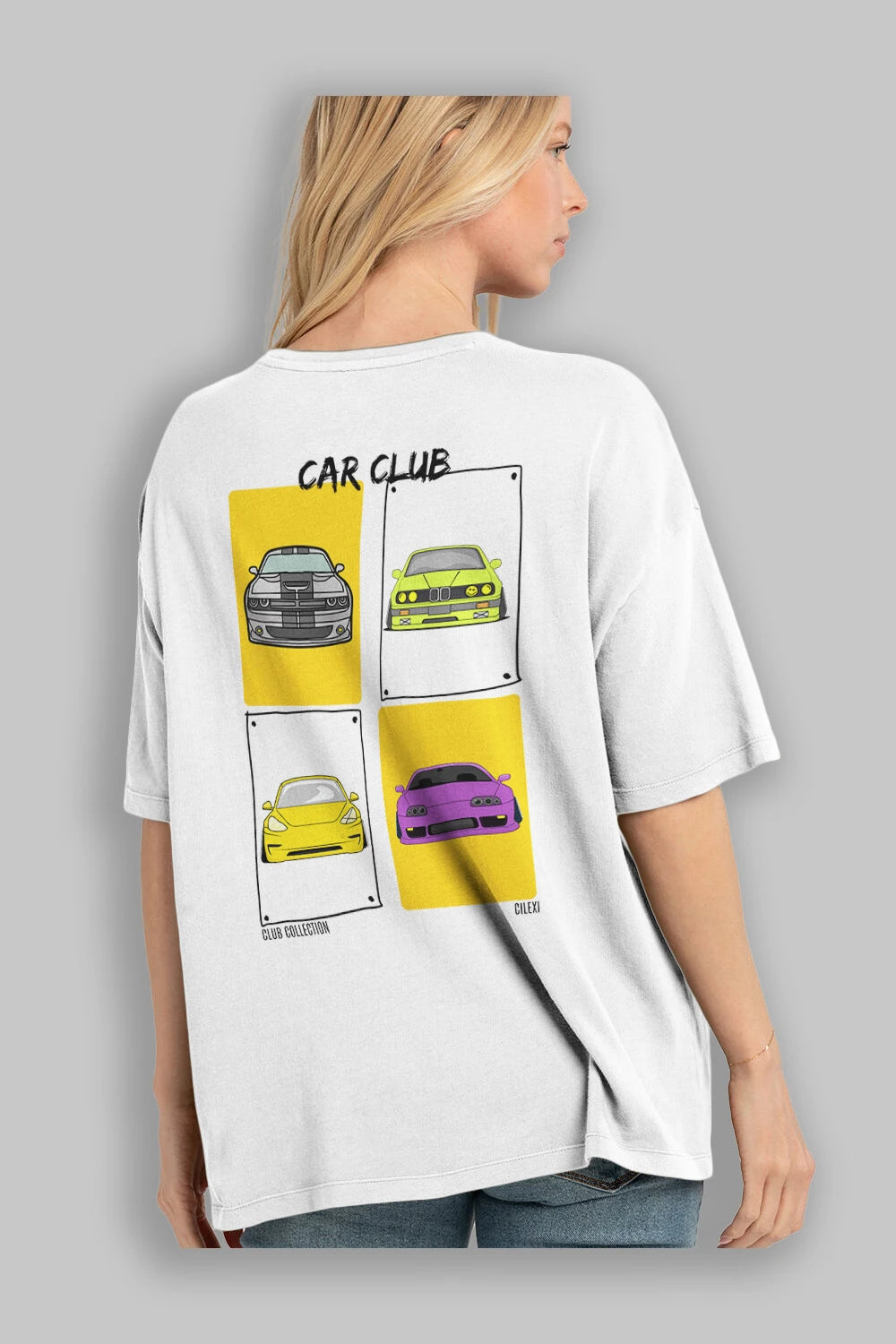 Car Club Arka Baskılı Oversize t-shirt Erkek Kadın %100 Pamuk Bisiklet Yaka tişort