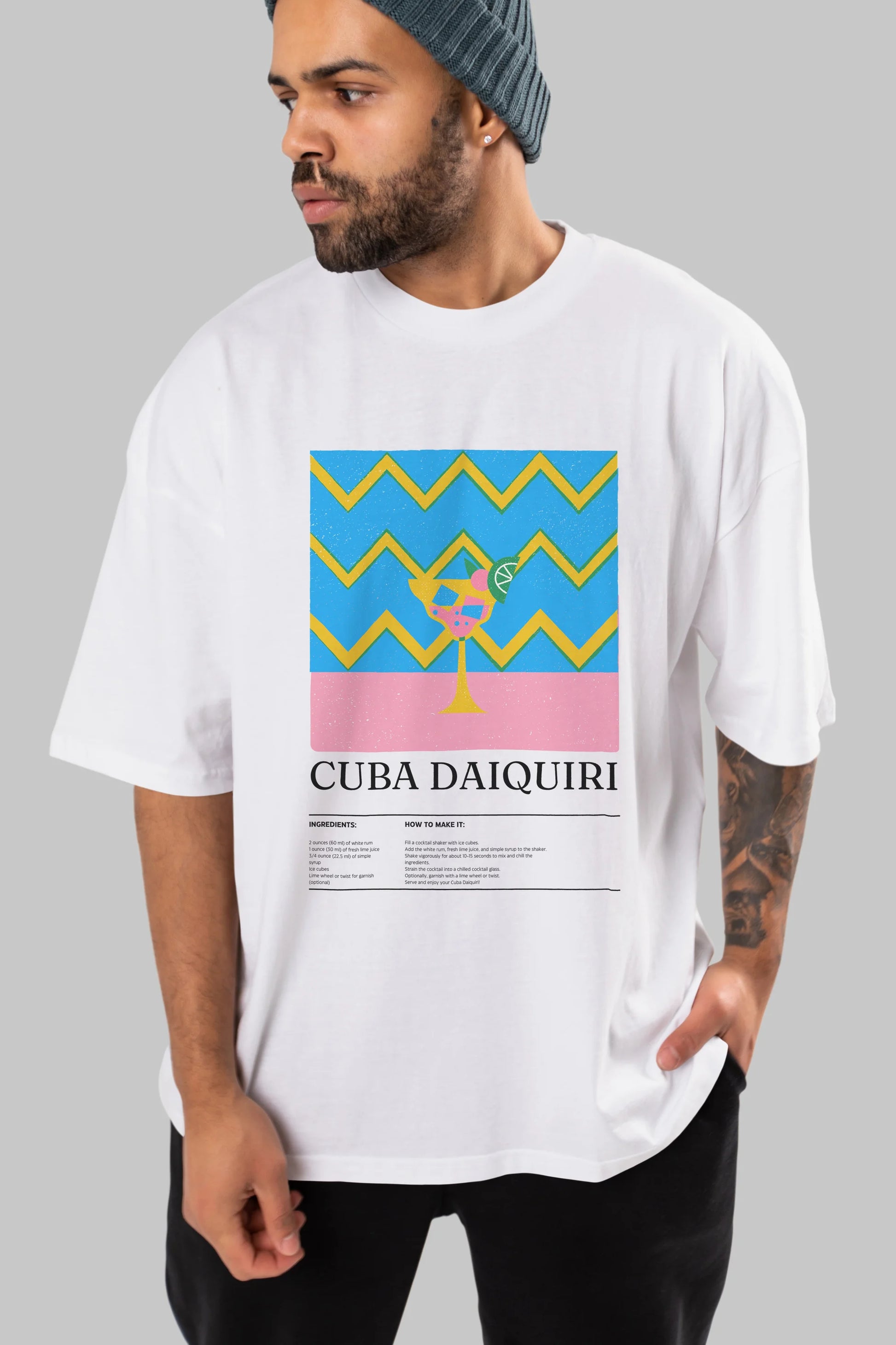 Cuba Daiquiri Kokteyl Ön Baskılı Oversize t-shirt Erkek Kadın %100 Pamuk Bisiklet Yaka tişort