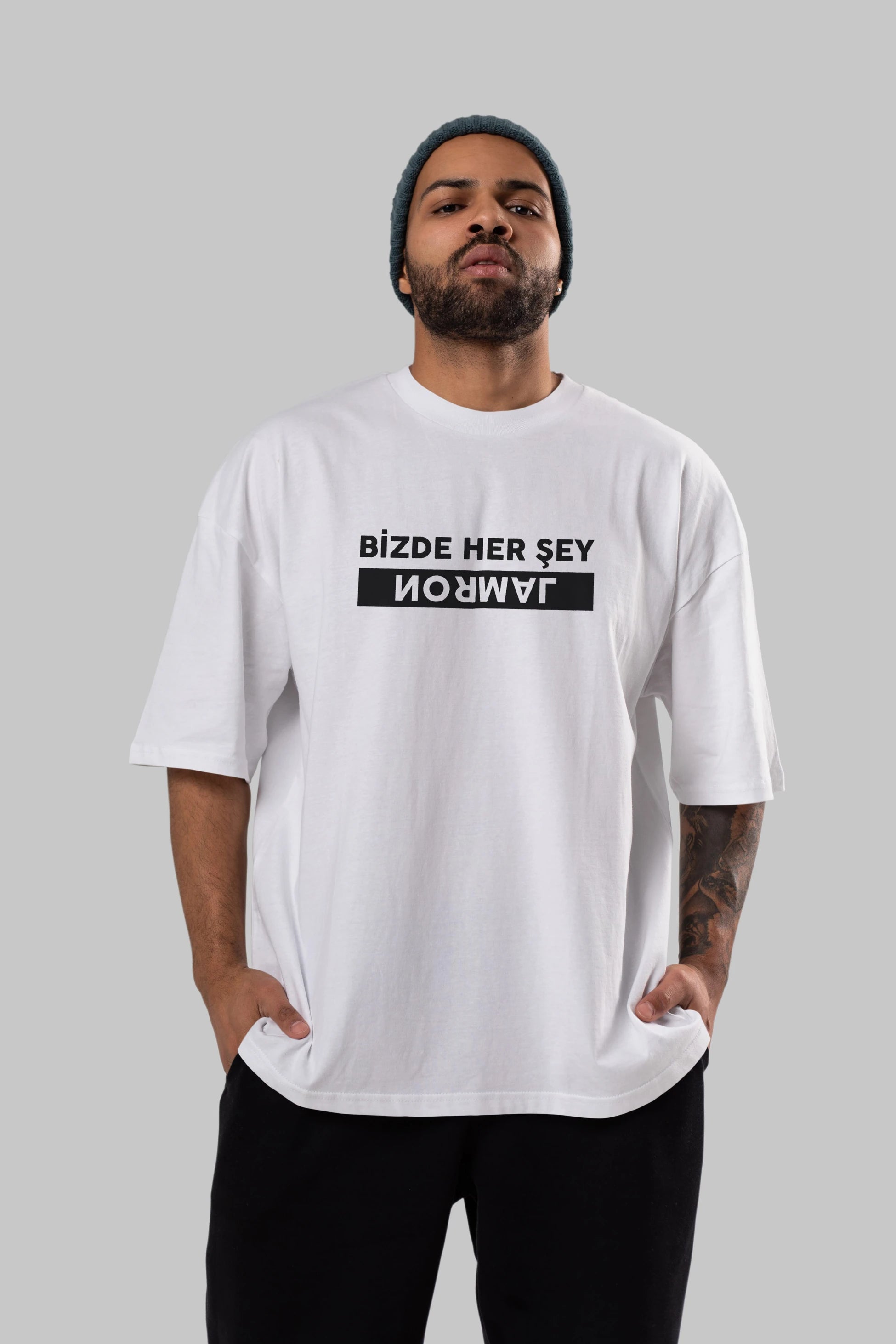 Bizde Her Şey Normal Ön Baskılı Oversize t-shirt %100 pamuk Erkek Kadın Unisex