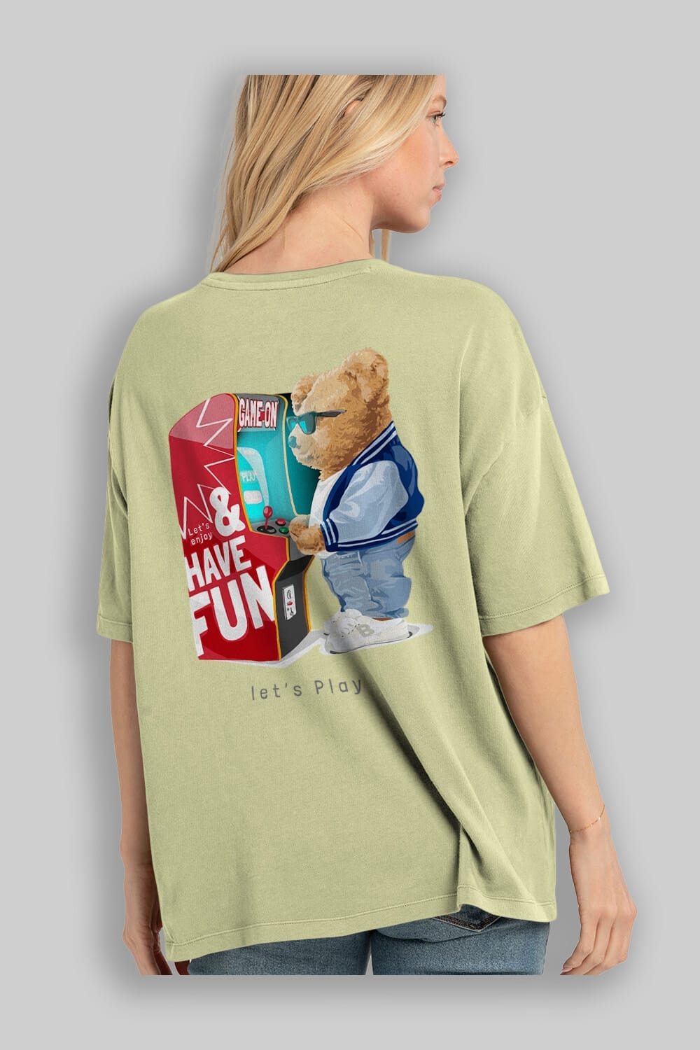 Teddy Bear Lets Play Arka Baskılı Oversize t-shirt Erkek Kadın Unisex %100 Pamuk