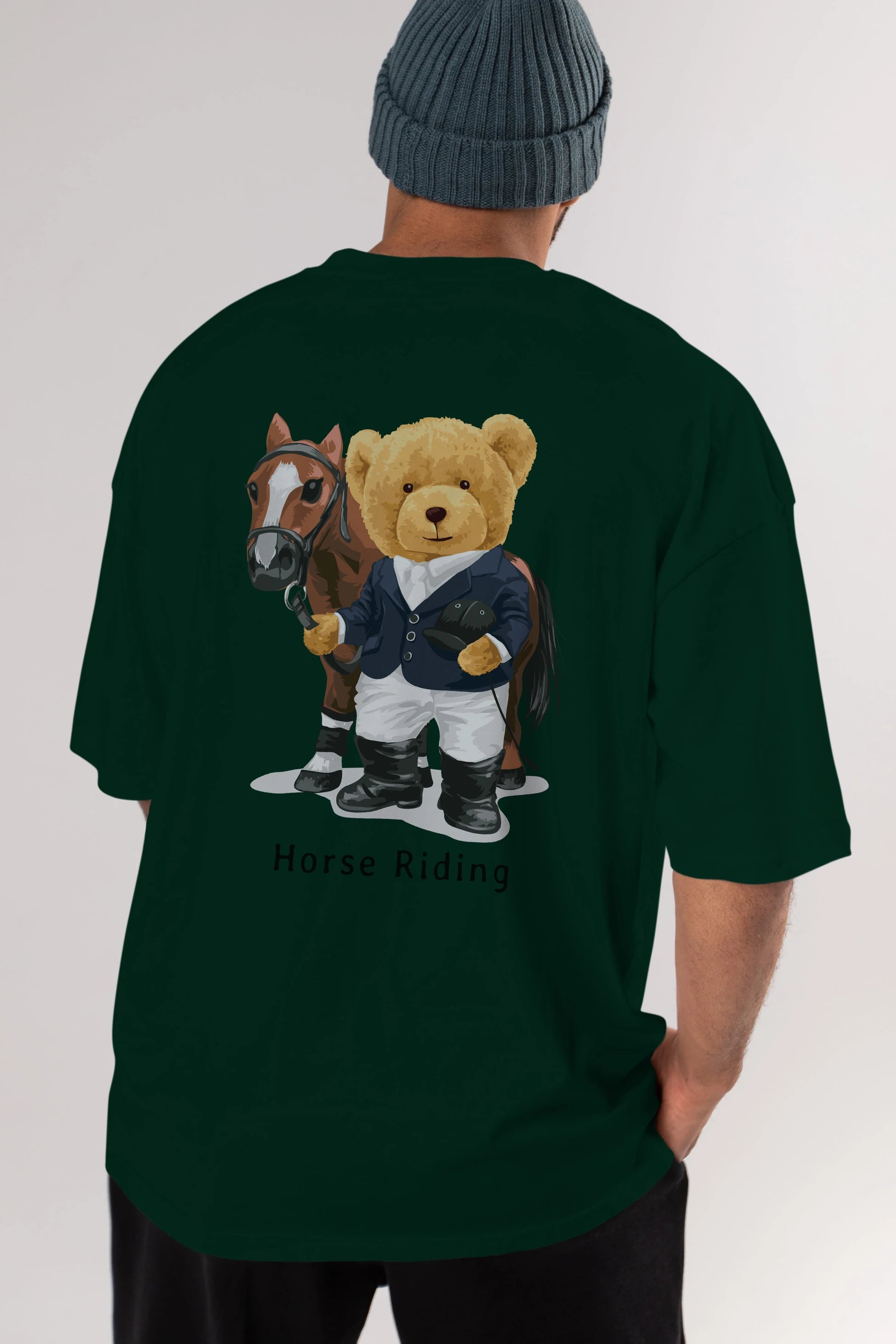 Teddy Bear Horse Riding Arka Baskılı Oversize t-shirt Erkek Kadın Unisex %100 Pamuk